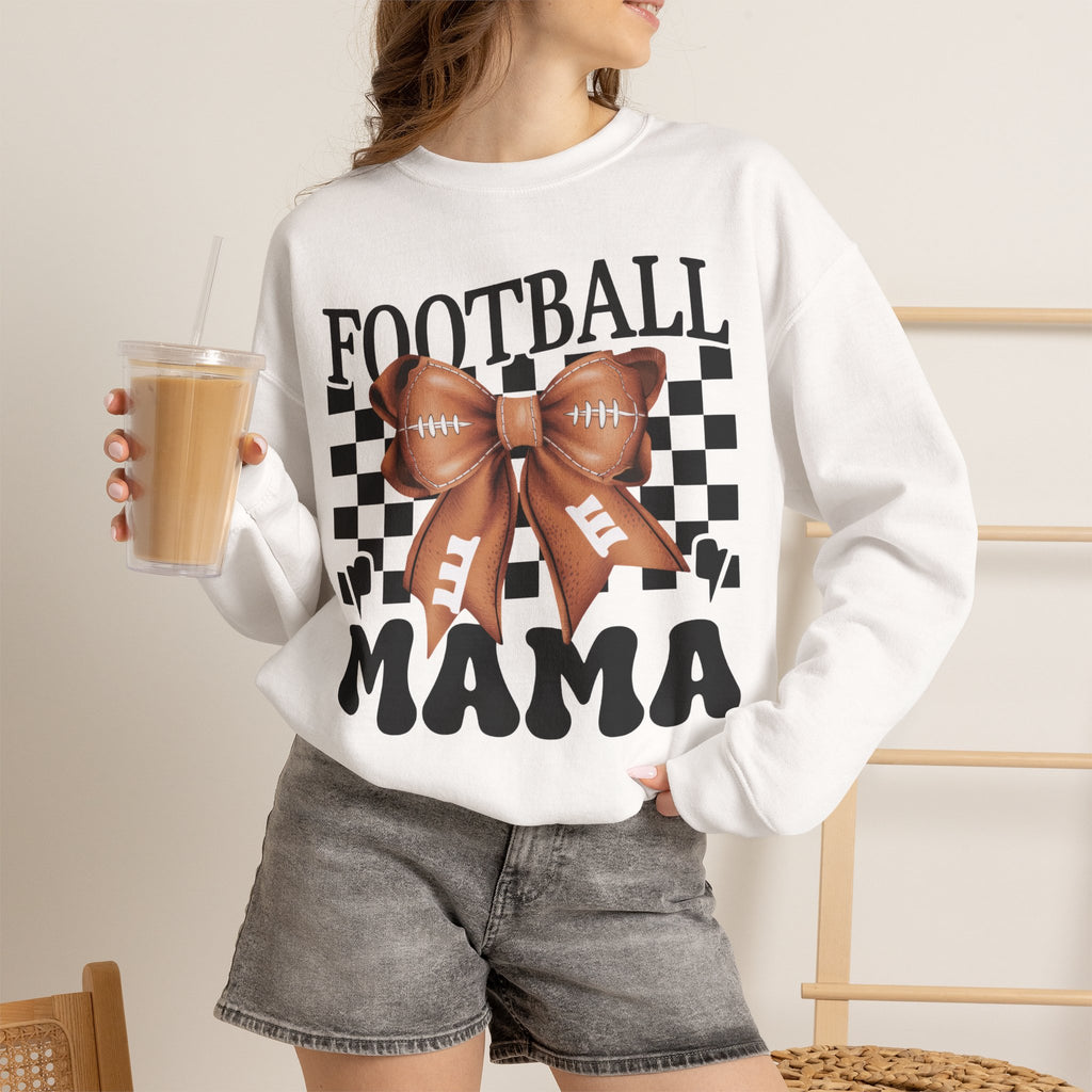 Football Mama Crewneck Sweatshirt — Retro Checkerboard Football Graphic