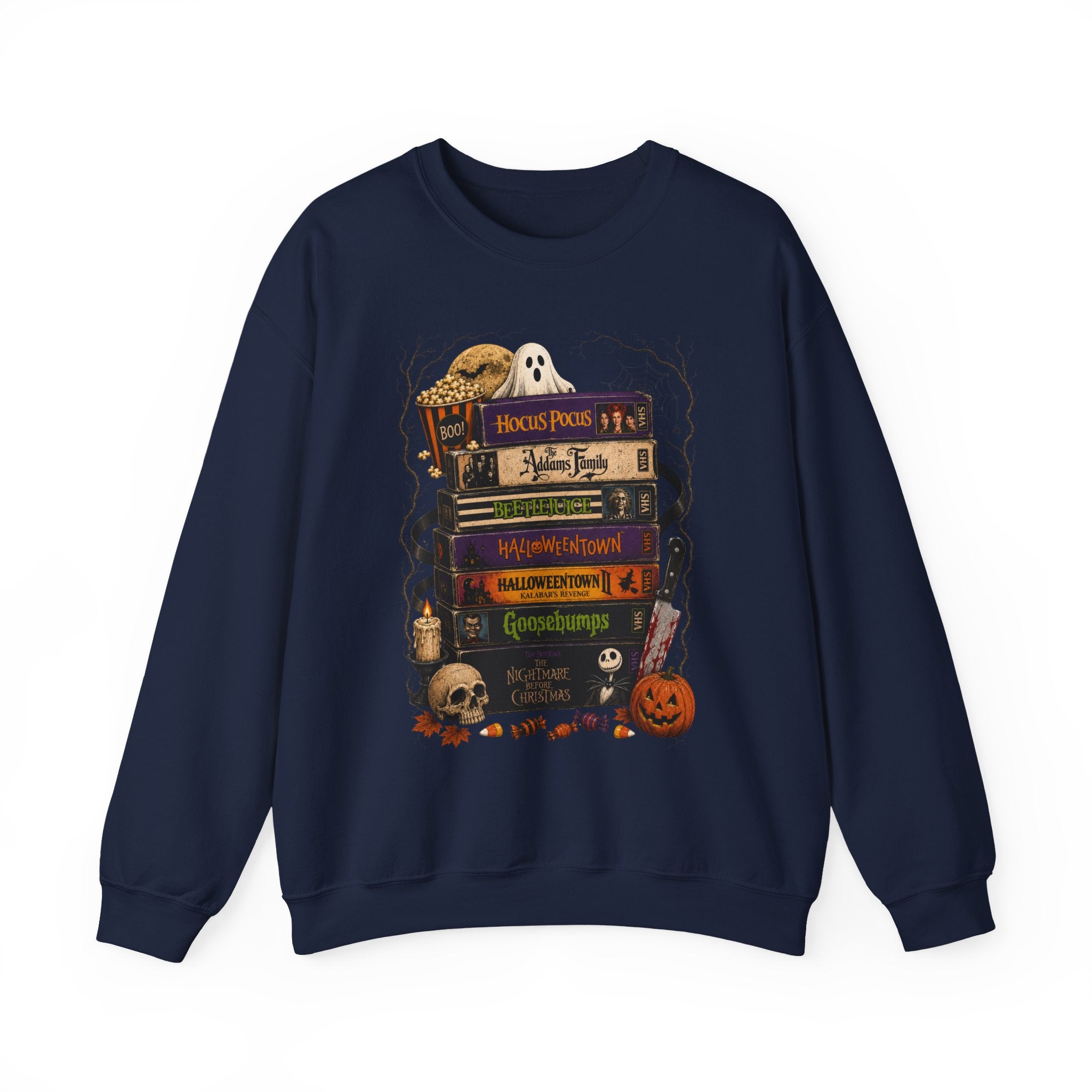 Halloween Book Stack Crewneck Sweatshirt — Spooky Classics Stack with Pumpkin & Skulls