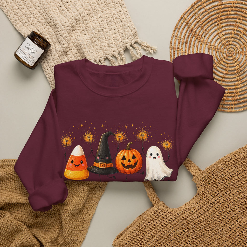 Halloween Friends Crewneck Sweatshirt — Cute Candy Corn, Witch Hat, Jack-o'-Lantern & Ghost Design