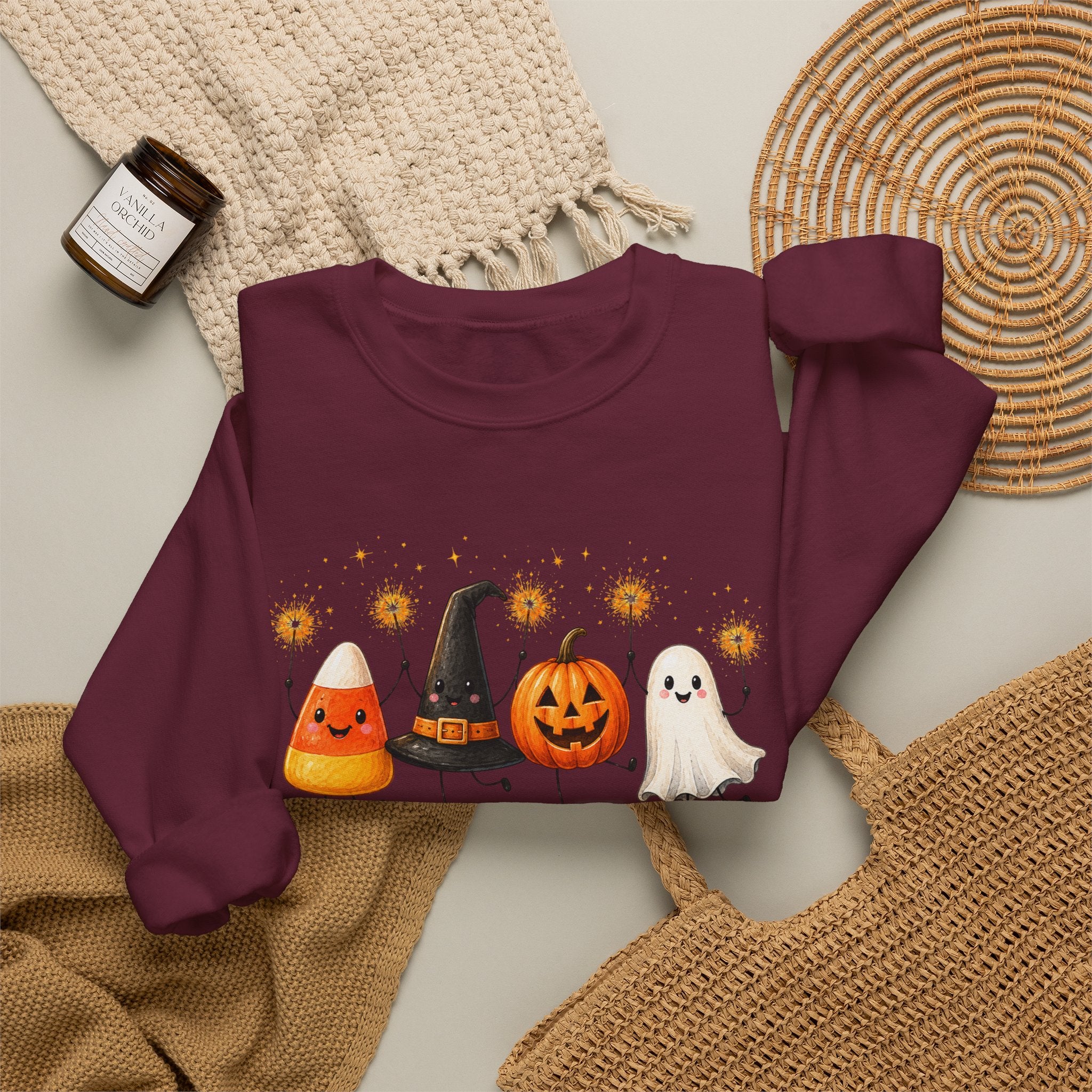 Halloween Friends Crewneck Sweatshirt — Cute Candy Corn, Witch Hat, Jack-o'-Lantern & Ghost Design