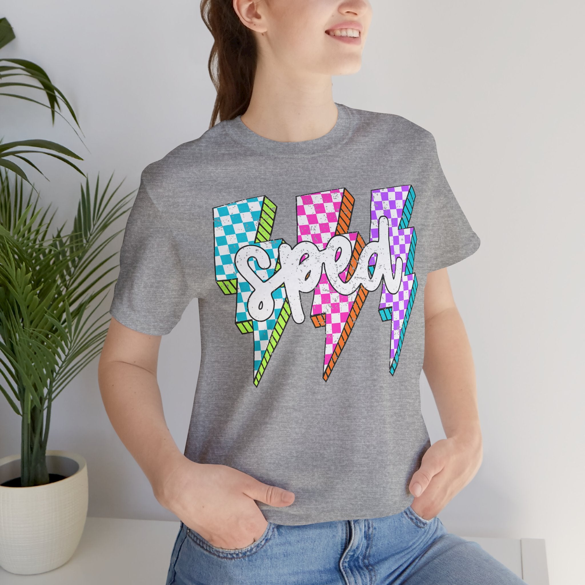 Speed Lightning Tee — Retro Checkerboard Bolt Graphic T-Shirt