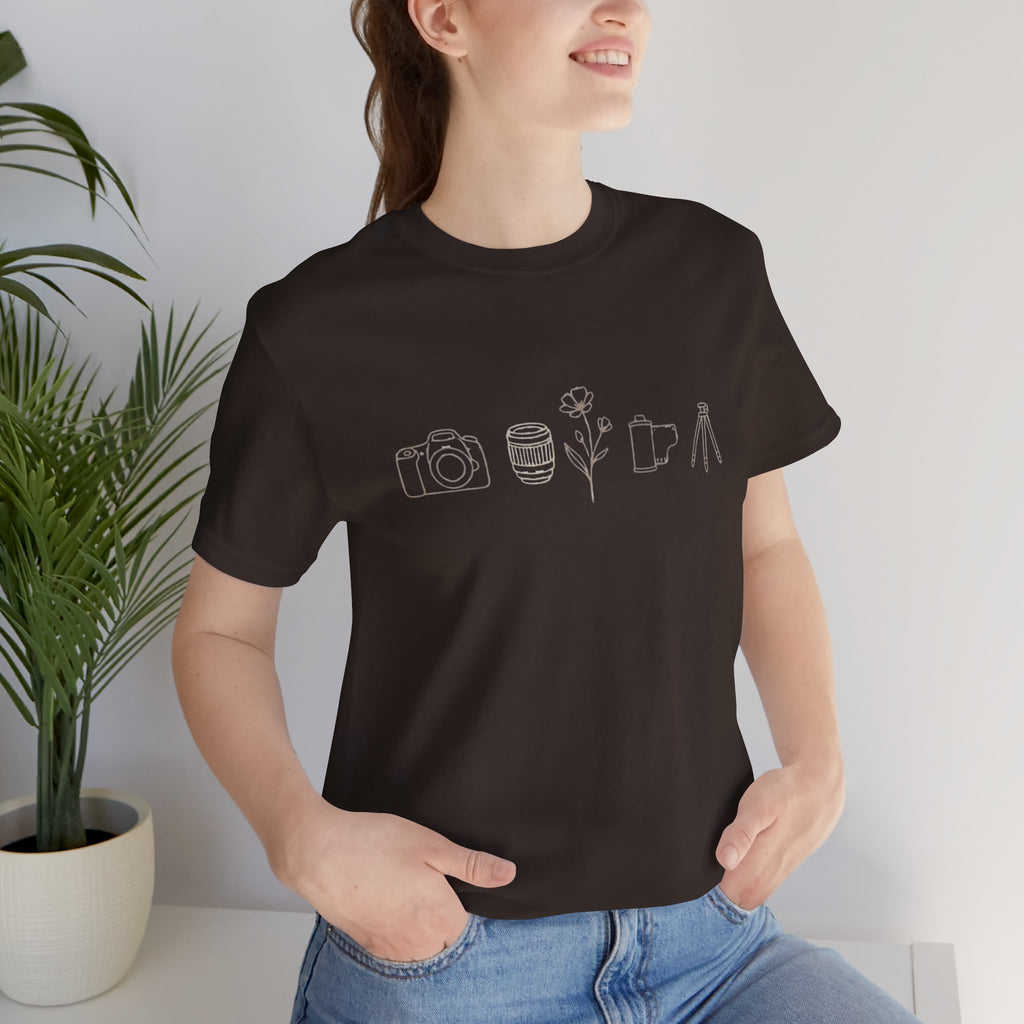 Photography Icons Tee — Minimal Camera, Film, Flower & Tripod Graphic Shirt