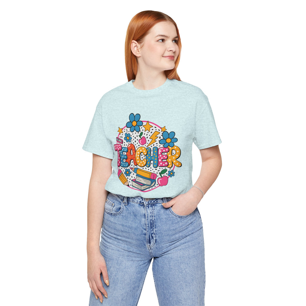 Teacher Doodle Graphic Tee — Colorful School Supplies Design
