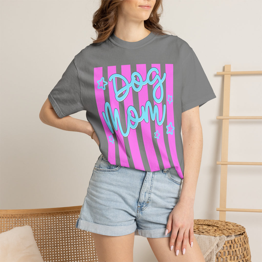 Dog Mom T-Shirt — Pastel Striped Graphic Tee for Pet Lovers