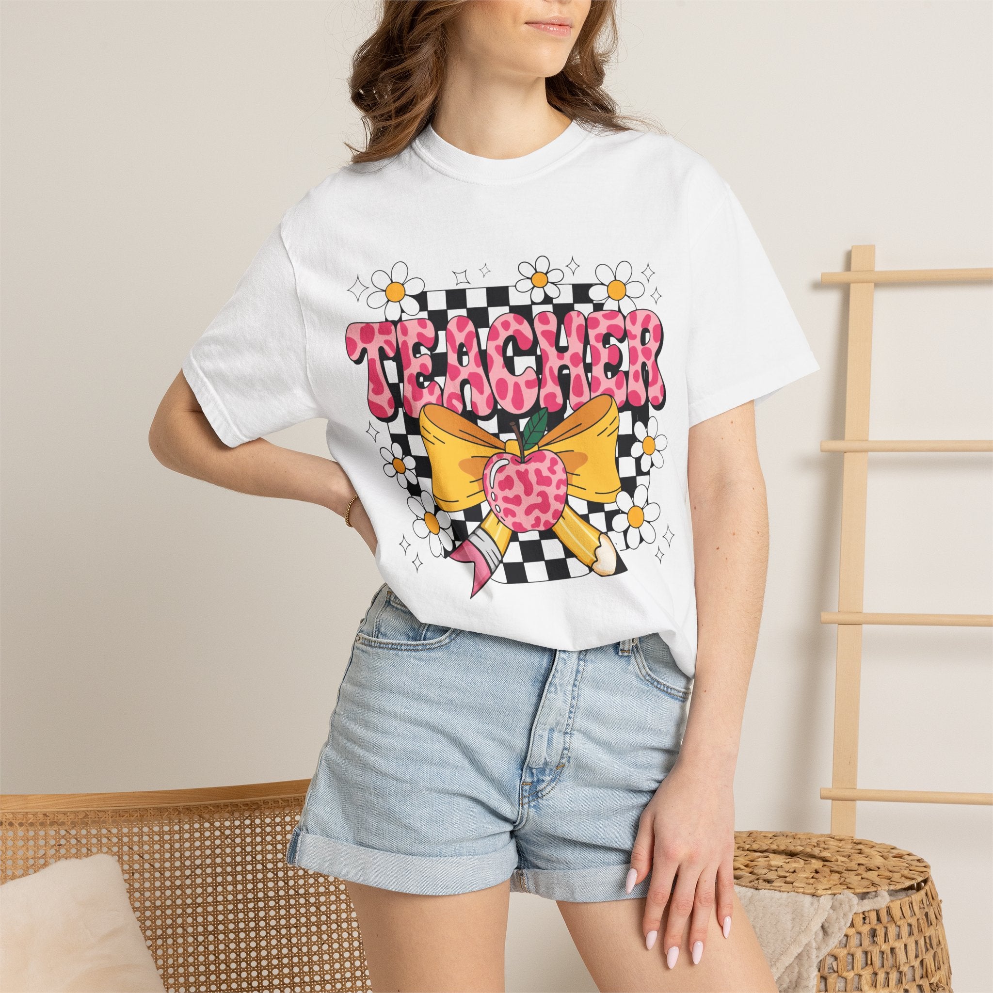 Teacher Floral Bow T‑Shirt — Cute Checkerboard & Heart Design for Educators