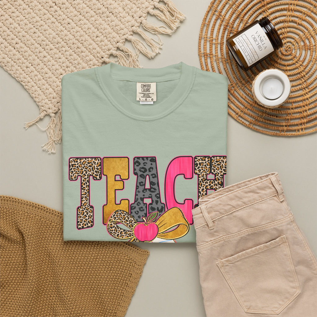 Teacher Graphic Tee — 'TEACH' Leopard Print Pencil Bow Design