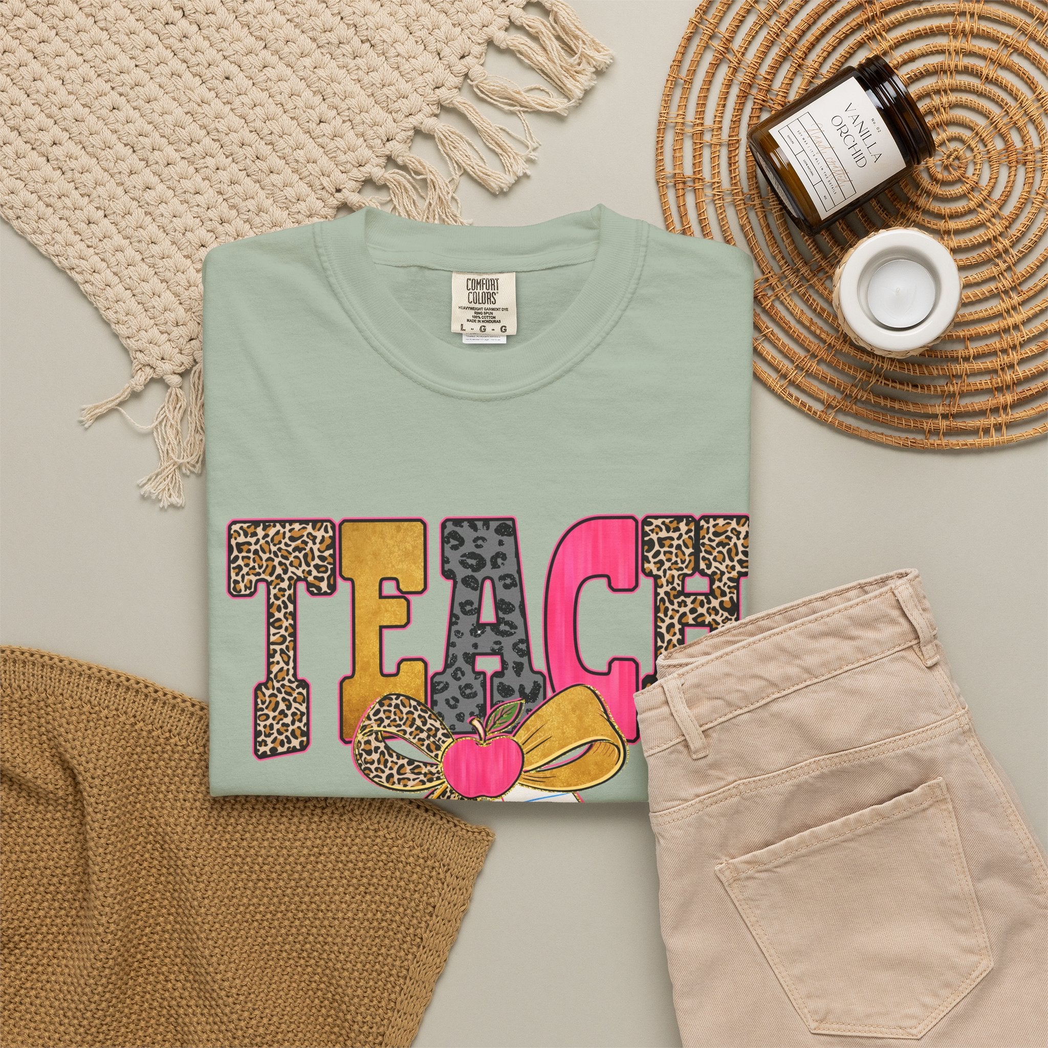 Teacher Graphic Tee — 'TEACH' Leopard Print Pencil Bow Design