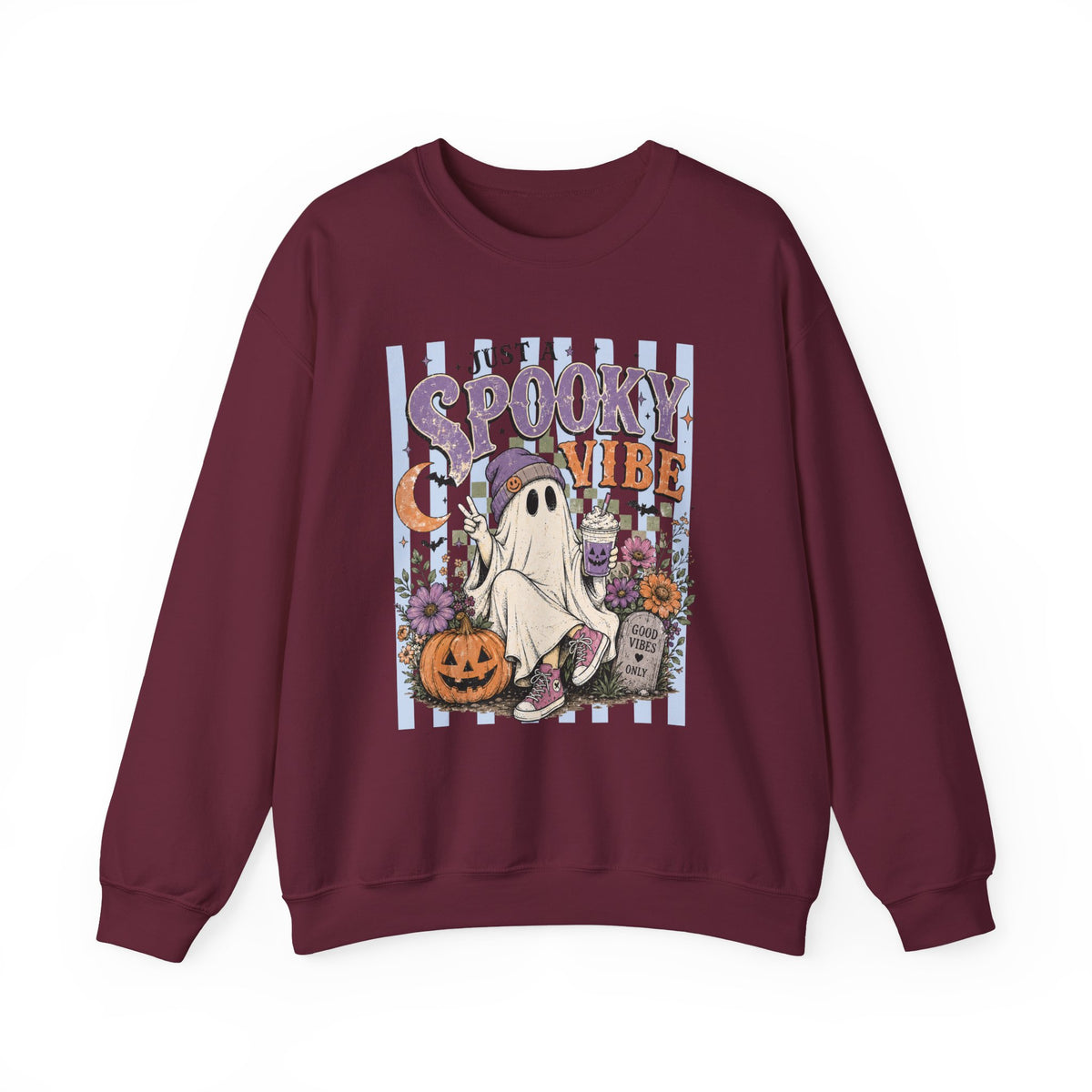 Spooky Vibe Crewneck Sweatshirt — Cute Halloween Ghost Pumpkin Graphic