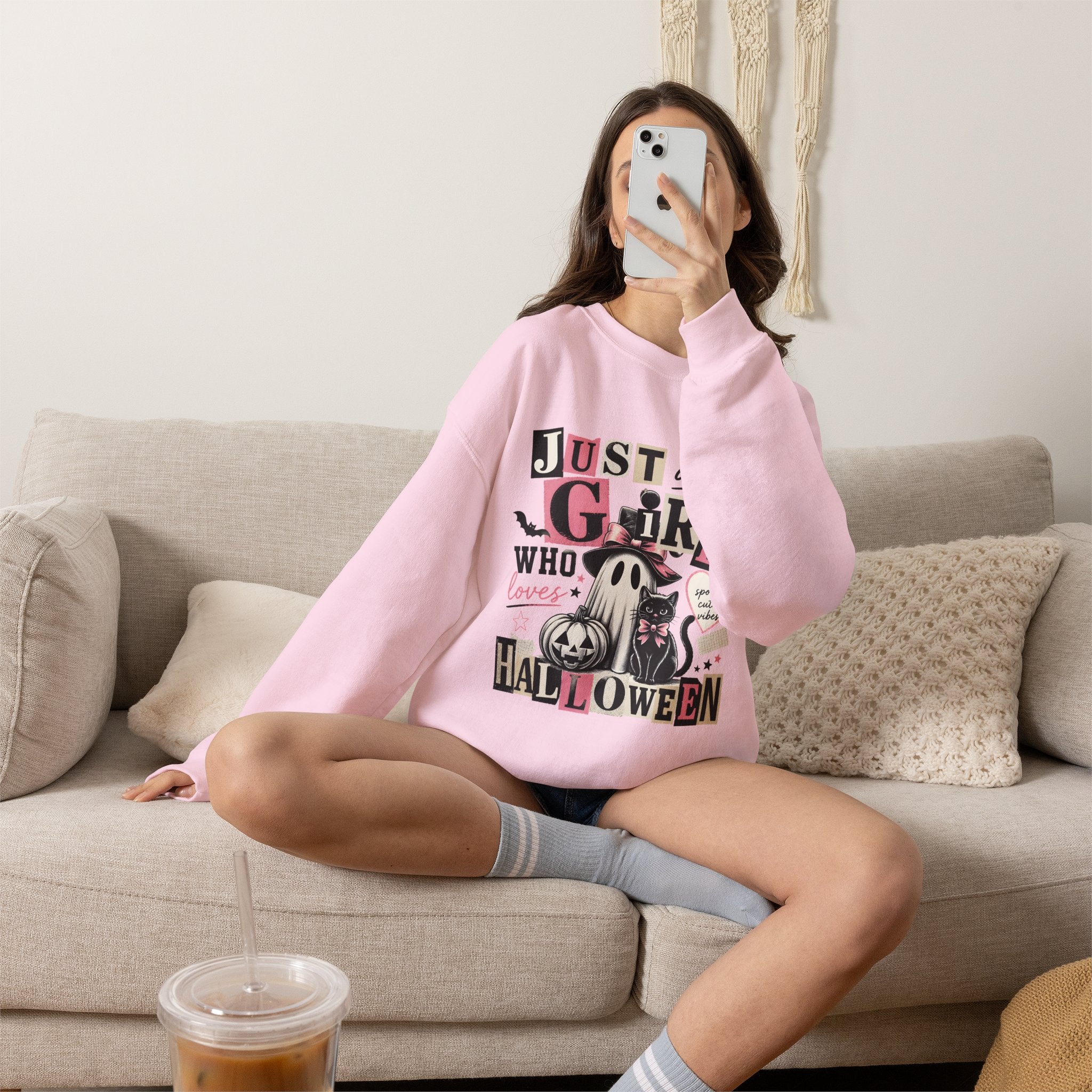 Halloween Sweatshirt — "Just a Girl Who Loves Halloween" Cute Ghost & Pumpkin Crewneck