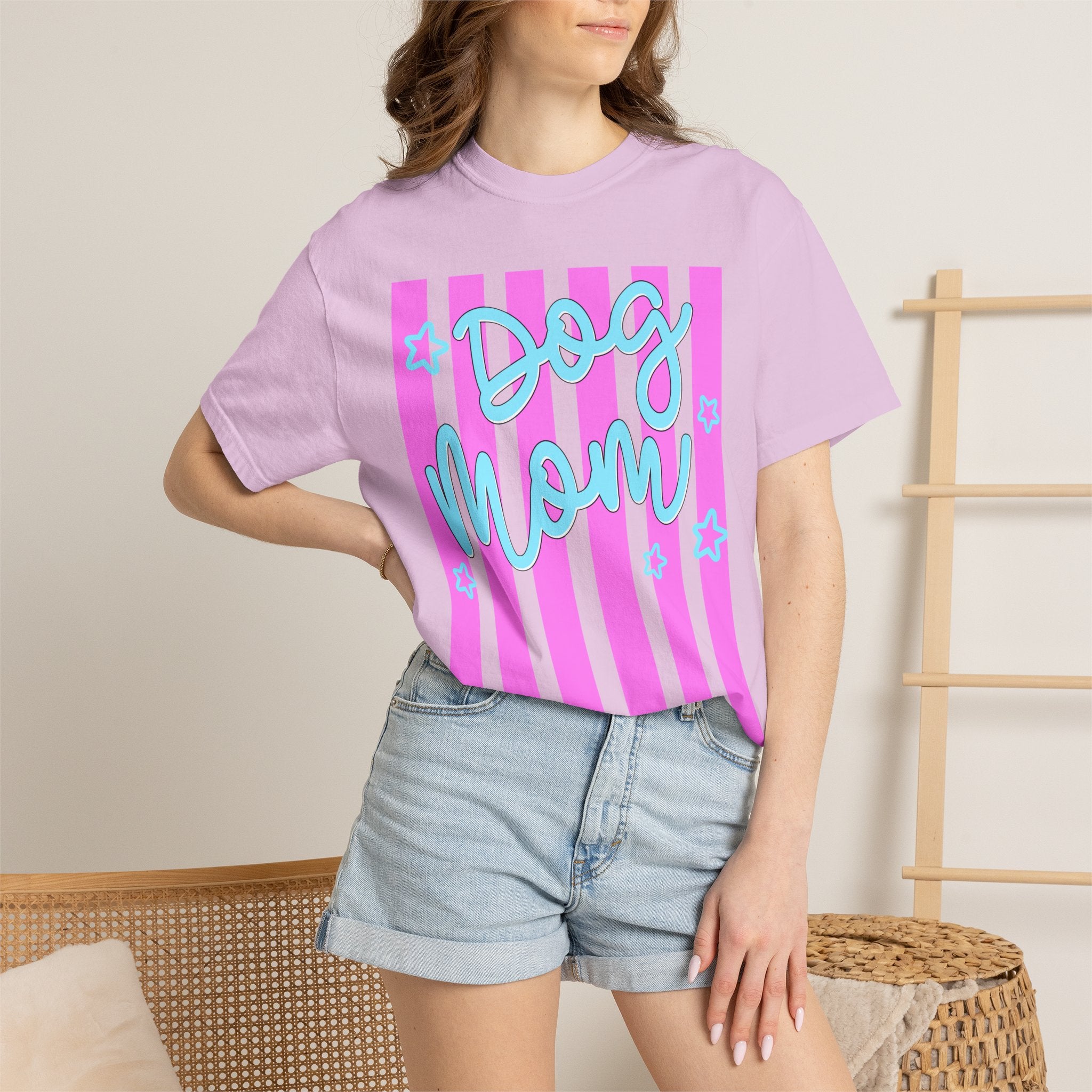 Dog Mom T-Shirt — Pastel Striped Graphic Tee for Pet Lovers