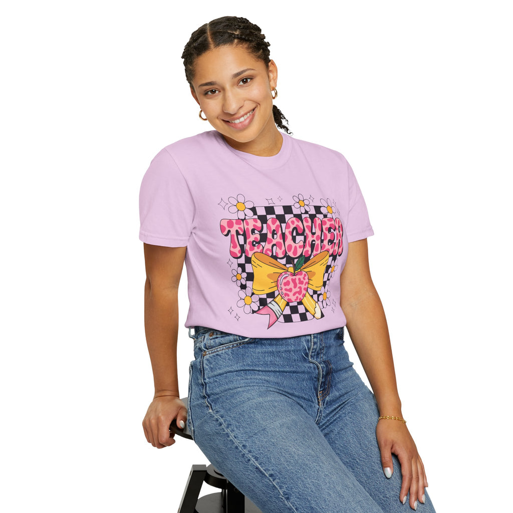 Teacher Floral Bow T‑Shirt — Cute Checkerboard & Heart Design for Educators