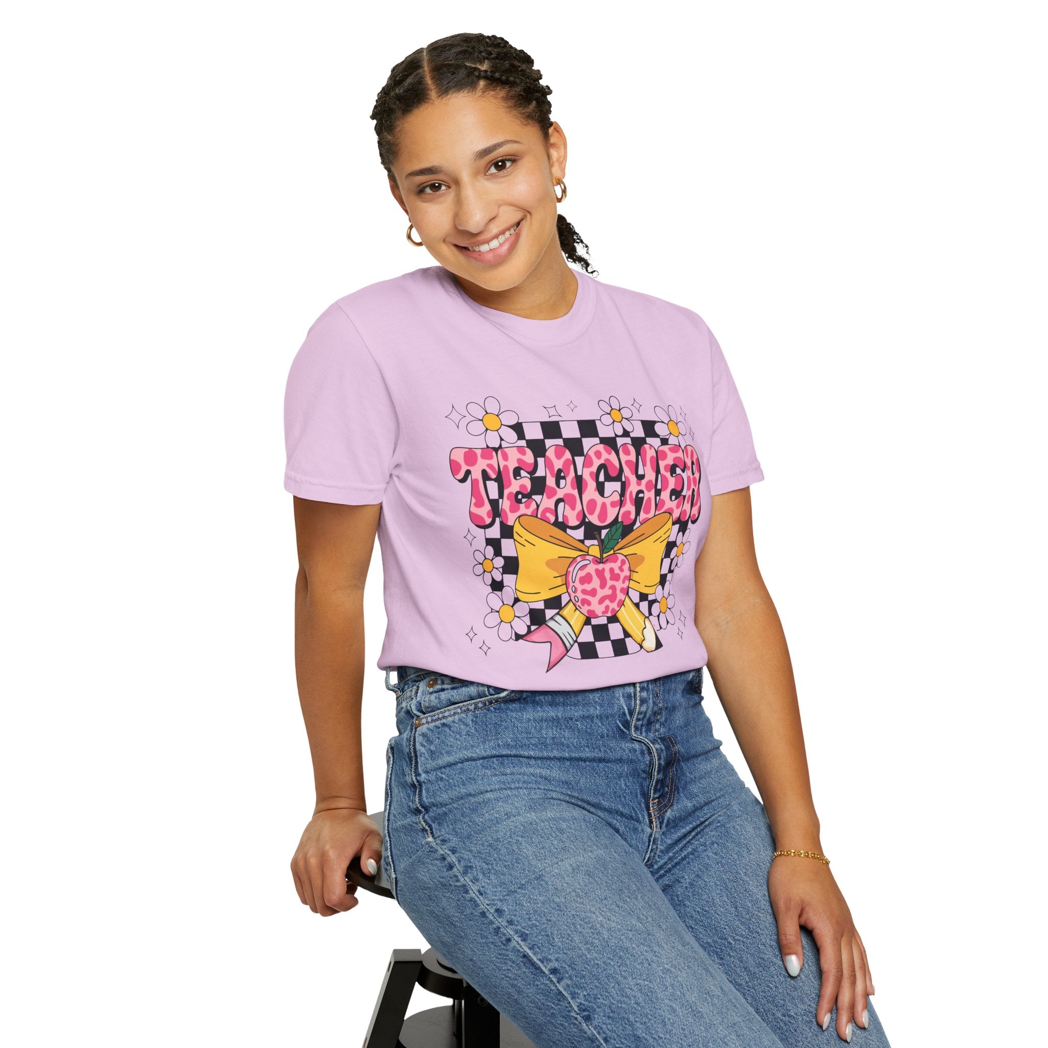 Teacher Floral Bow T‑Shirt — Cute Checkerboard & Heart Design for Educators