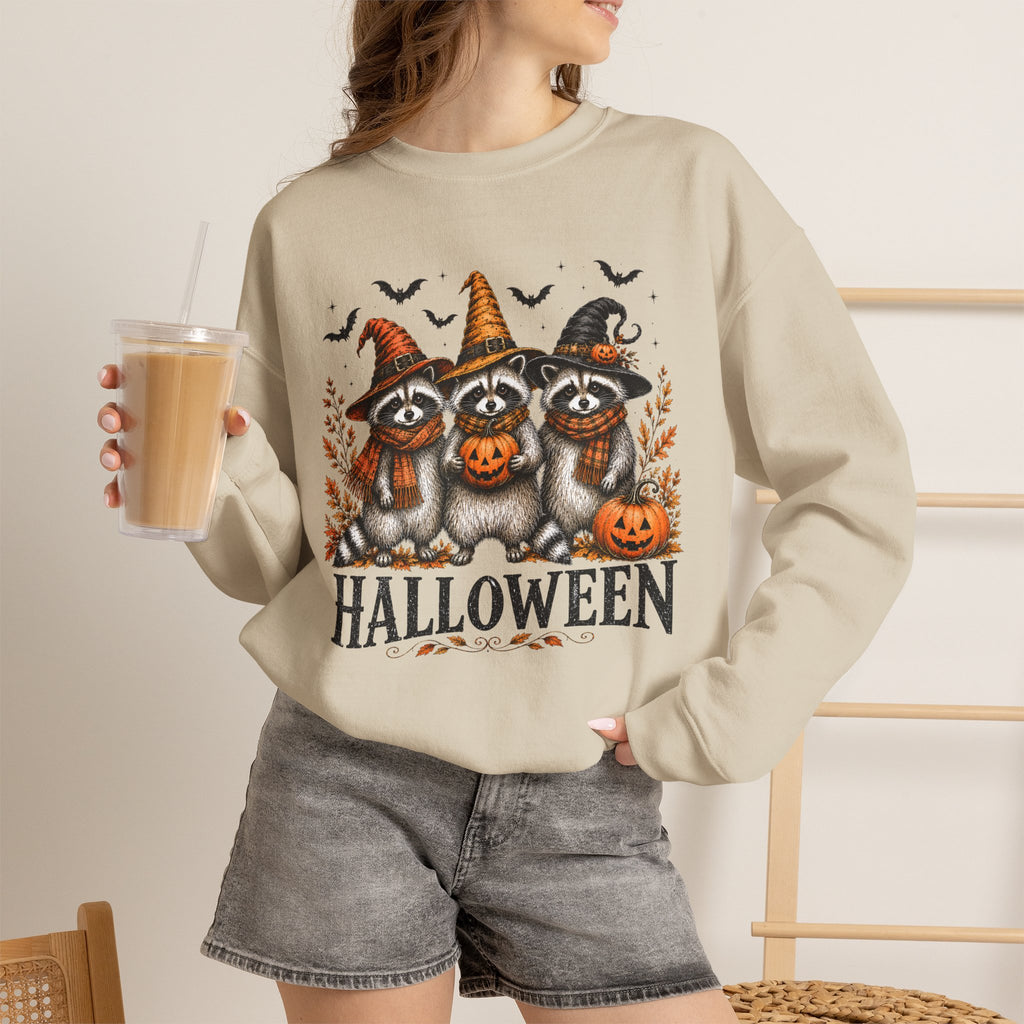 Halloween Raccoon Crewneck Sweatshirt — Cute Witch Hats & Pumpkin Design