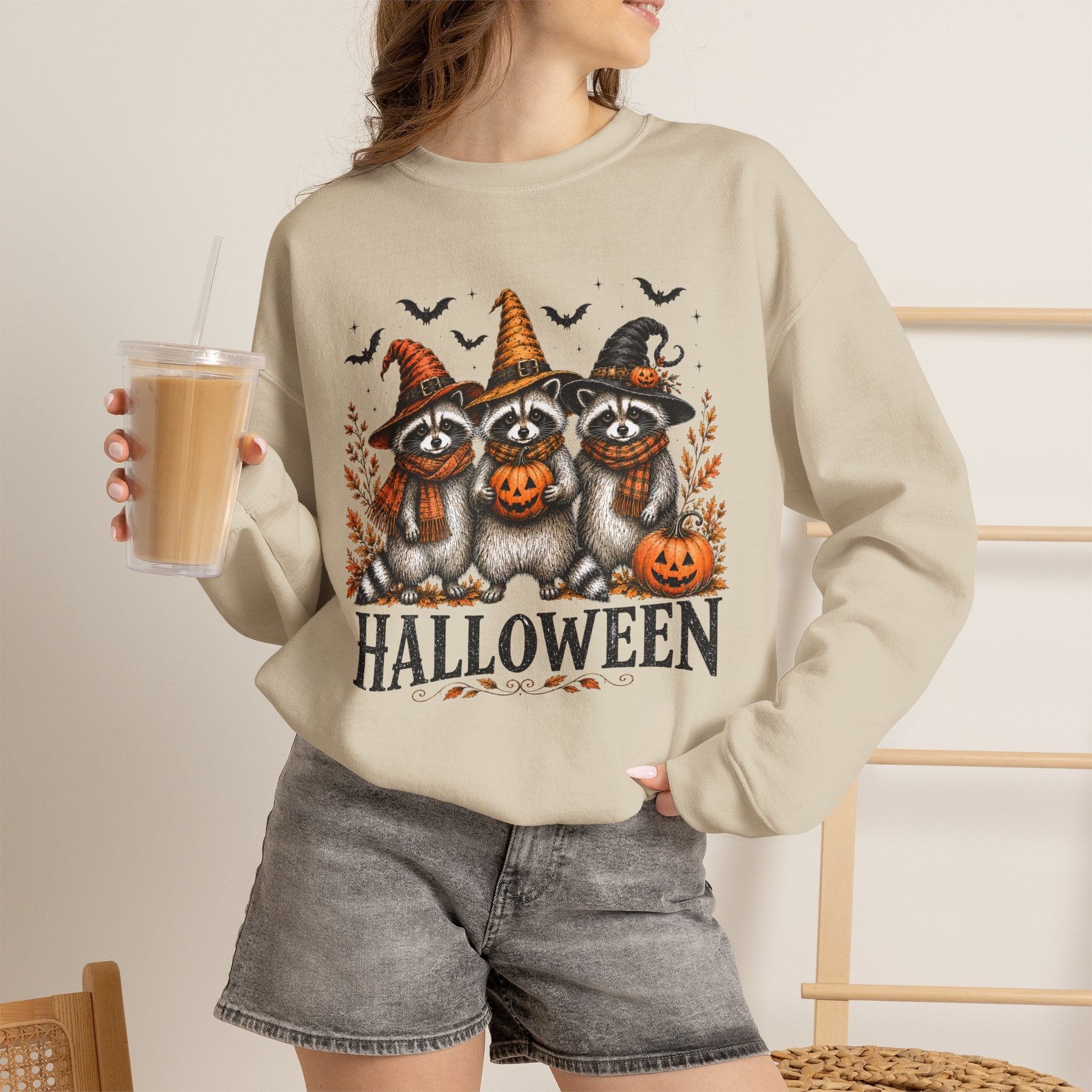 Halloween Raccoon Crewneck Sweatshirt — Cute Witch Hats & Pumpkin Design