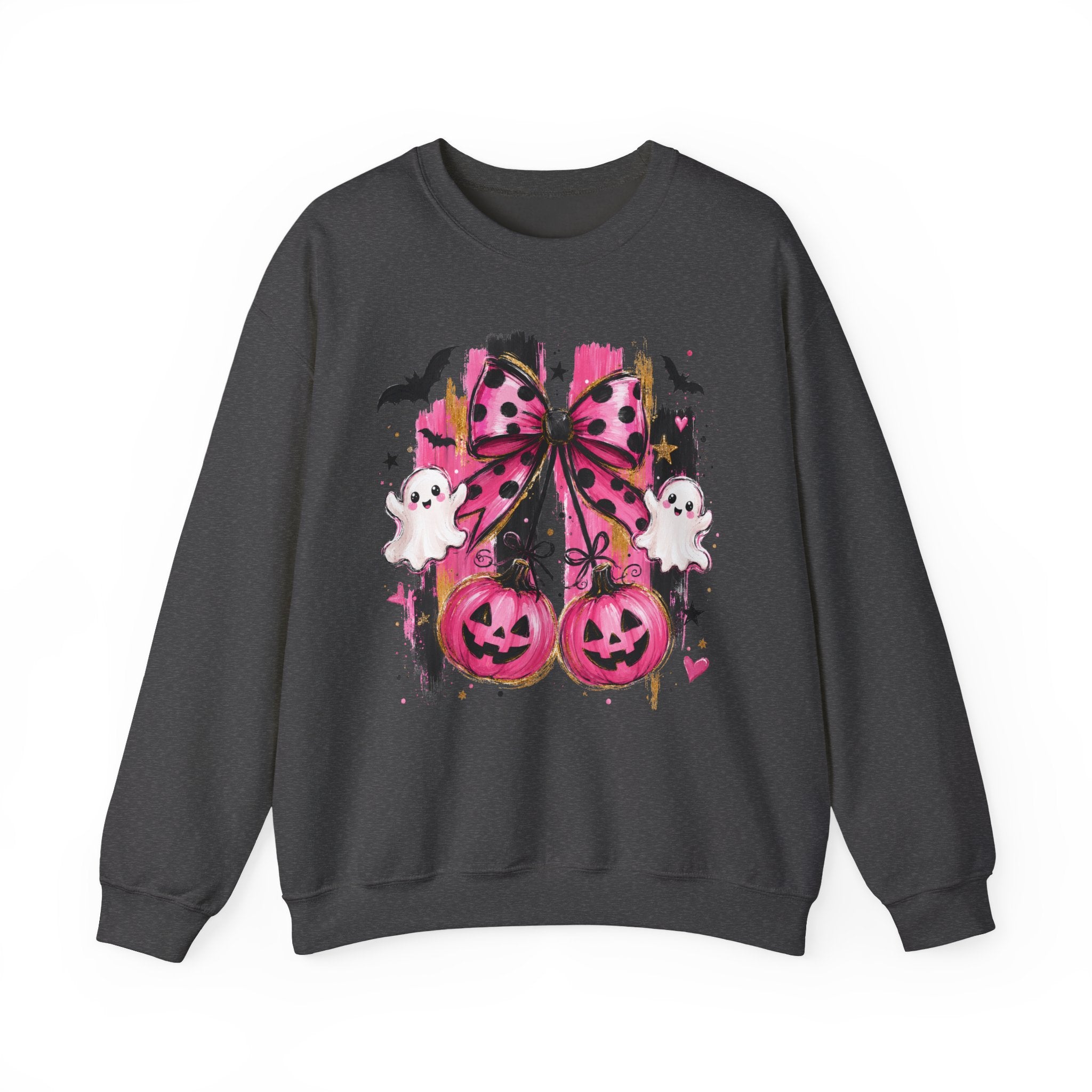 Halloween Pink Pumpkins Crewneck Sweatshirt — Cute Ghosts & Polka Dot Bow Design