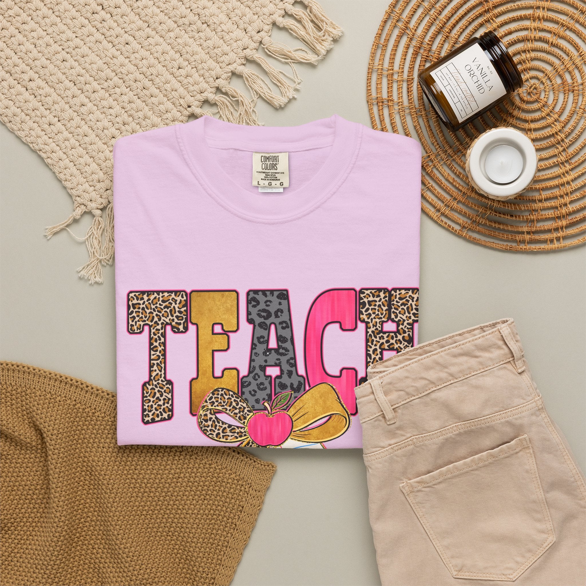 Teacher Graphic Tee — 'TEACH' Leopard Print Pencil Bow Design