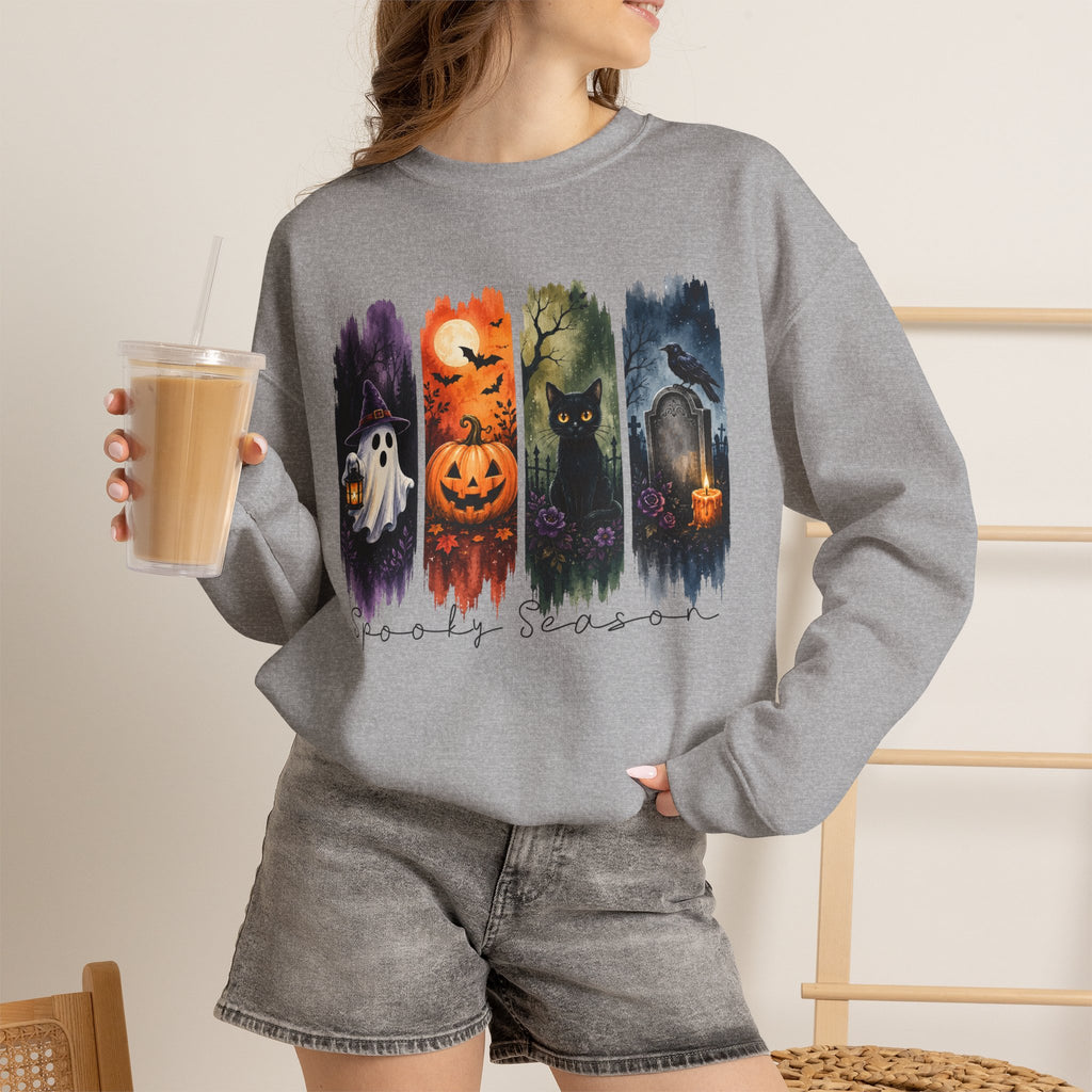 Halloween Seasons Crewneck Sweatshirt — Spooky Ghost, Jack-o'-Lantern & Haunted Night Design