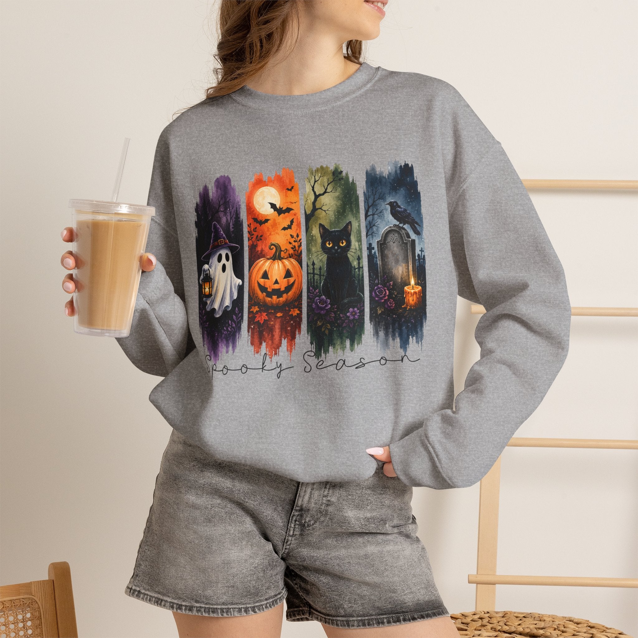Halloween Seasons Crewneck Sweatshirt — Spooky Ghost, Jack-o'-Lantern & Haunted Night Design