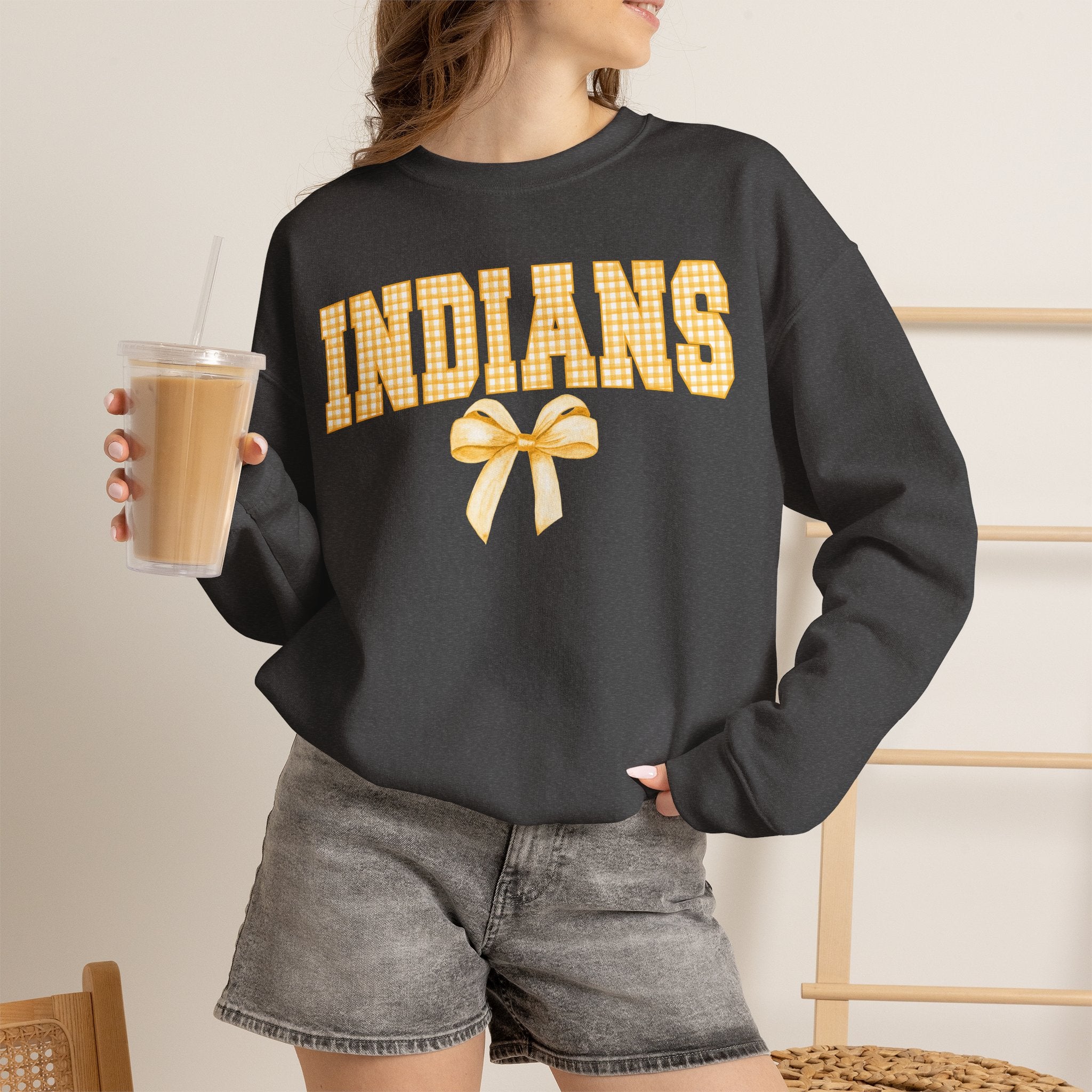 Indians Yellow Gingham Bow Crewneck Sweatshirt