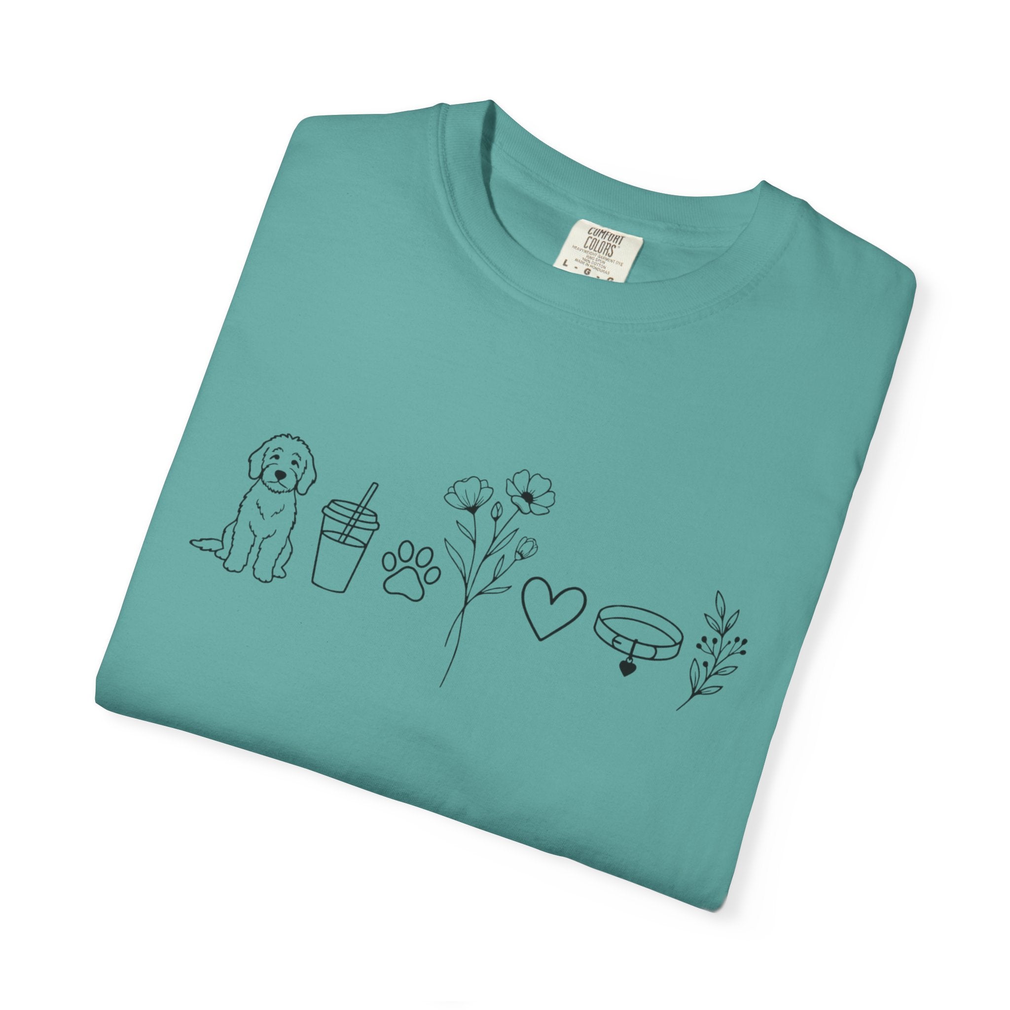 Minimal Doodle and Floral Icons T-Shirt — Coffee, Plants & Dog Line Art Tee