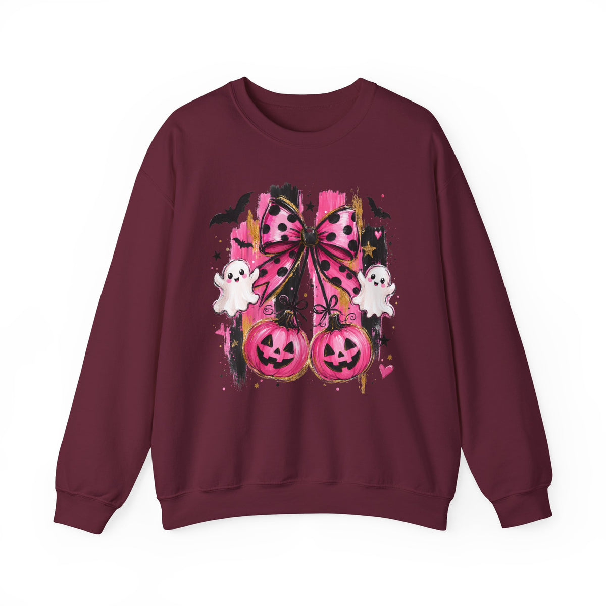 Halloween Pink Pumpkins Crewneck Sweatshirt — Cute Ghosts & Polka Dot Bow Design