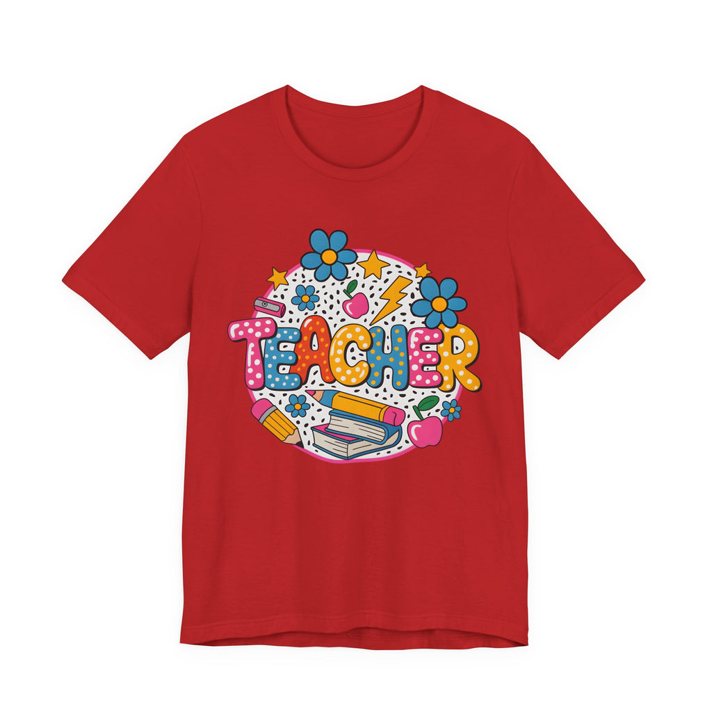 Teacher Doodle Graphic Tee — Colorful School Supplies Design
