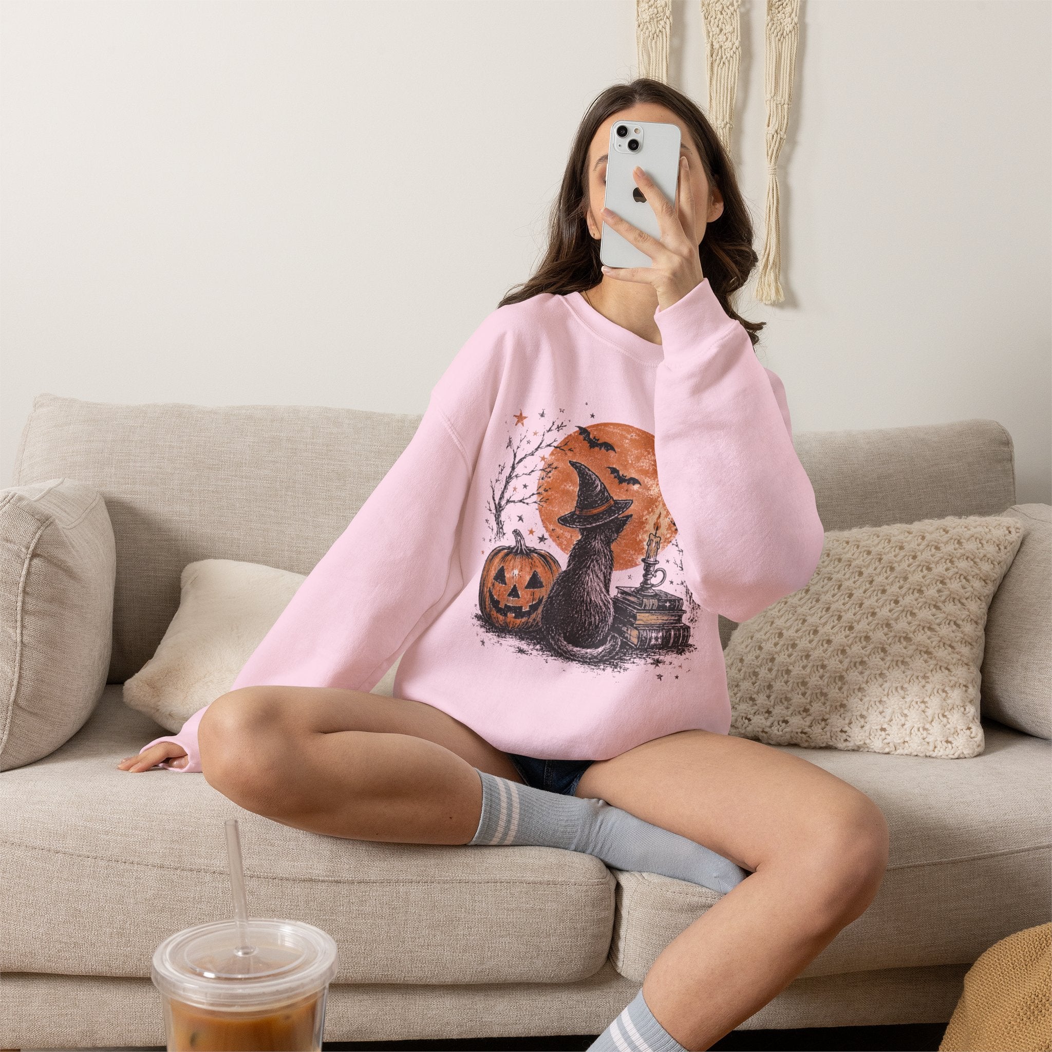 Crewneck Sweatshirt — Halloween Cat Witch Moon Graphic