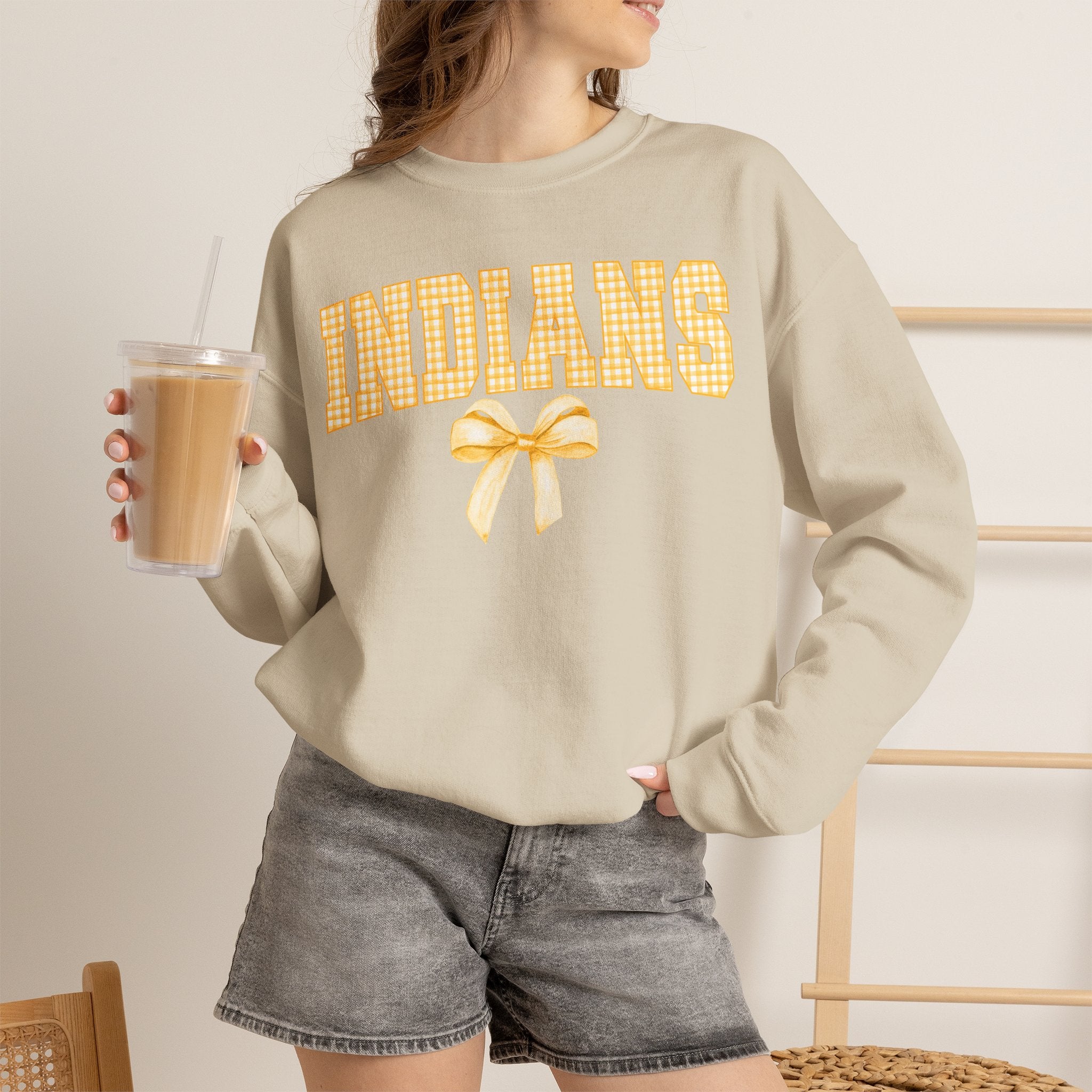 Indians Yellow Gingham Bow Crewneck Sweatshirt