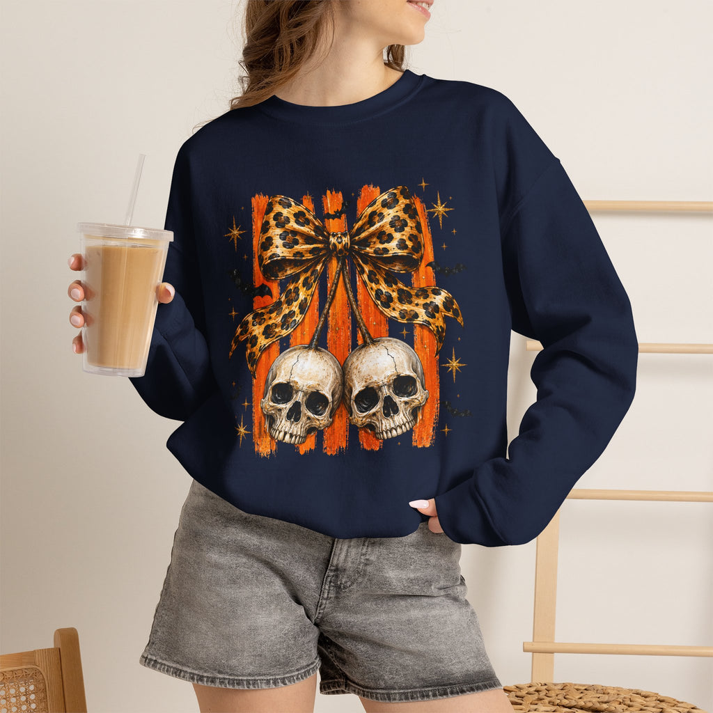 Skull Bow Sweatshirt — Leopard Bow Halloween Crewneck