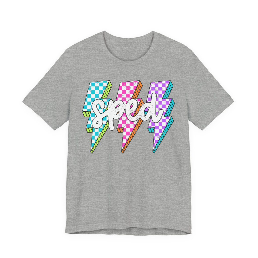 Speed Lightning Tee — Retro Checkerboard Bolt Graphic T-Shirt