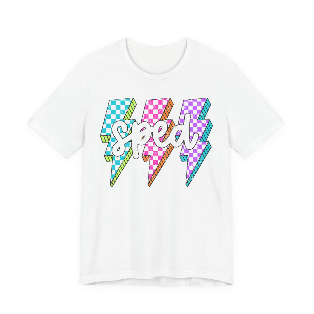Speed Lightning Tee — Retro Checkerboard Bolt Graphic T-Shirt