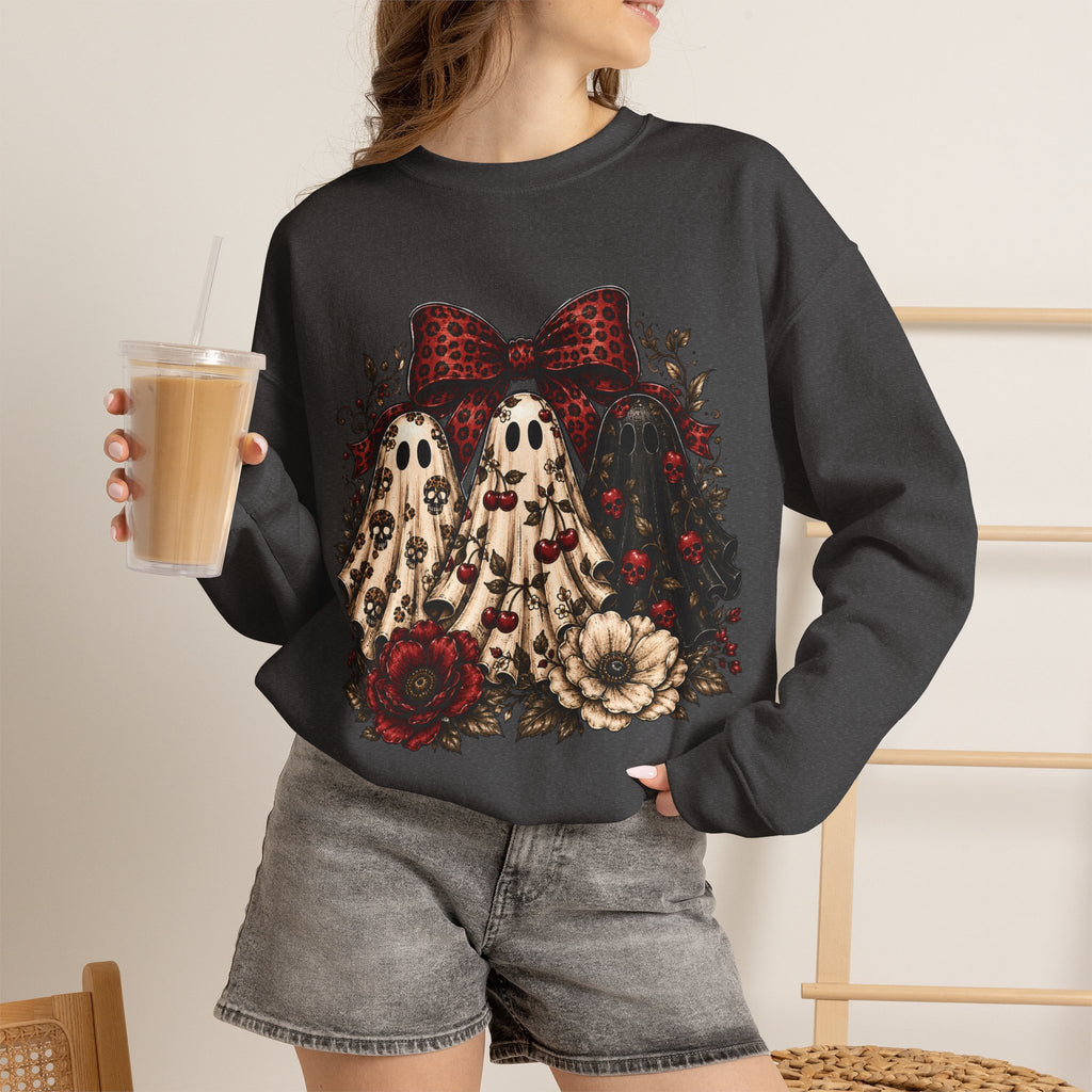Ghost Trio Floral Crewneck Sweatshirt – Leopard Bow Halloween Pullover