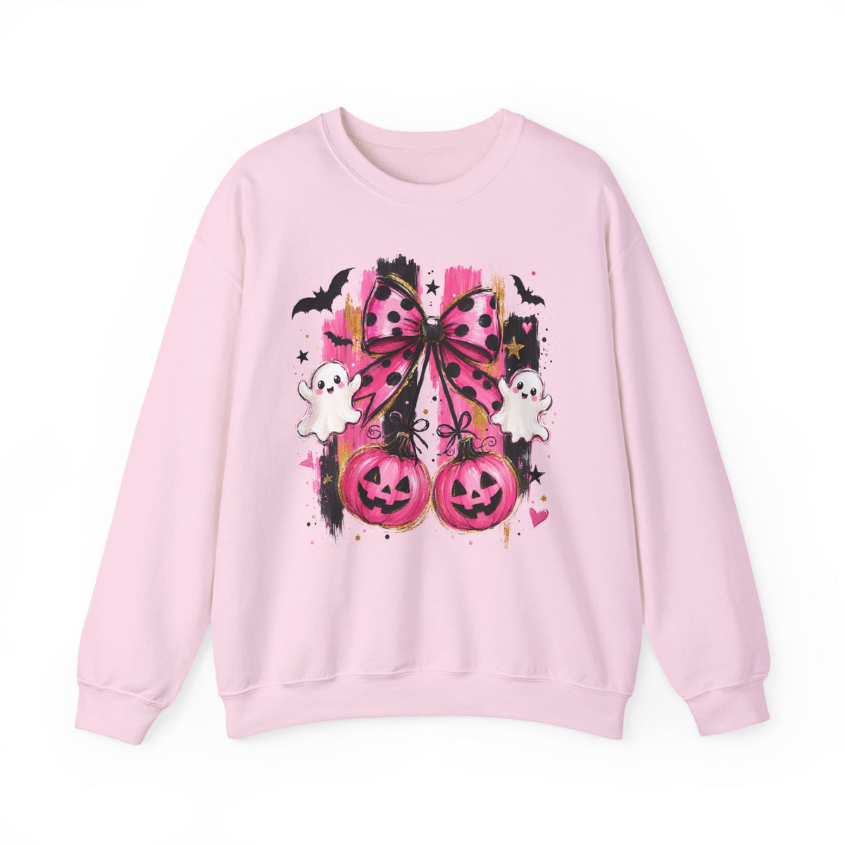 Halloween Pink Pumpkins Crewneck Sweatshirt — Cute Ghosts & Polka Dot Bow Design