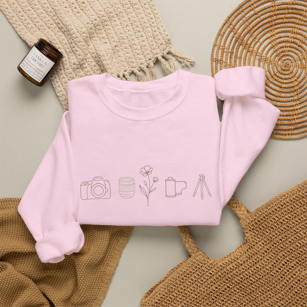 Photography Icons Crewneck Sweatshirt — Minimal Camera, Lens, Film & Tripod Design