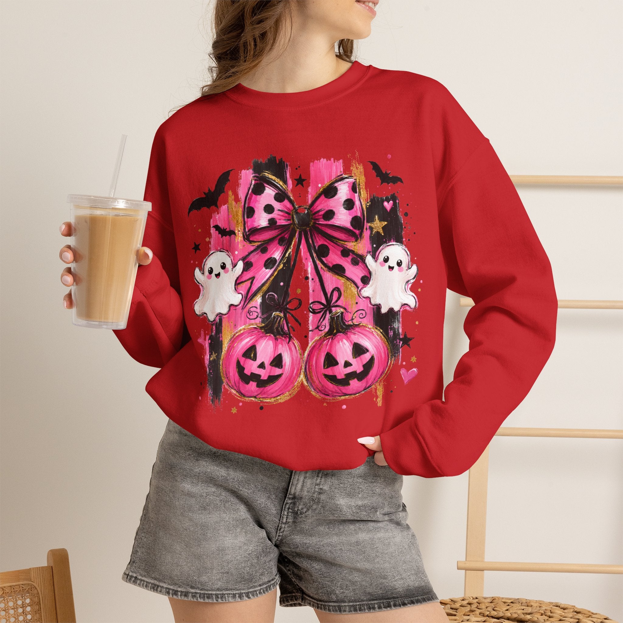 Halloween Pink Pumpkins Crewneck Sweatshirt — Cute Ghosts & Polka Dot Bow Design