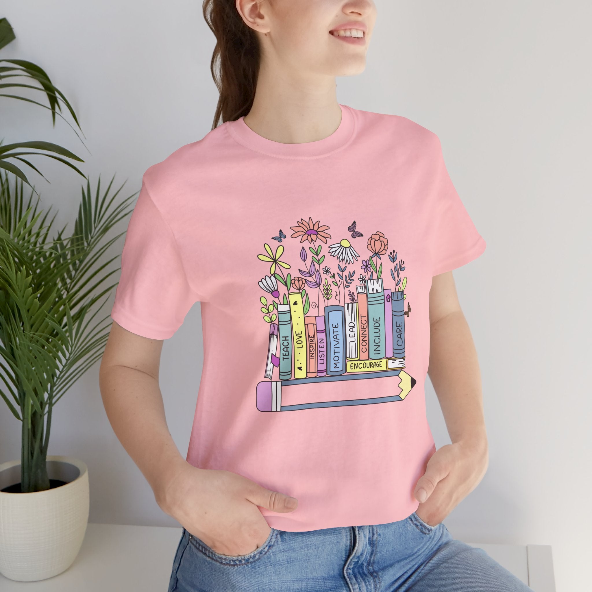 Book Lover T‑Shirt — Teacher Floral Books & Pencil Illustration Tee