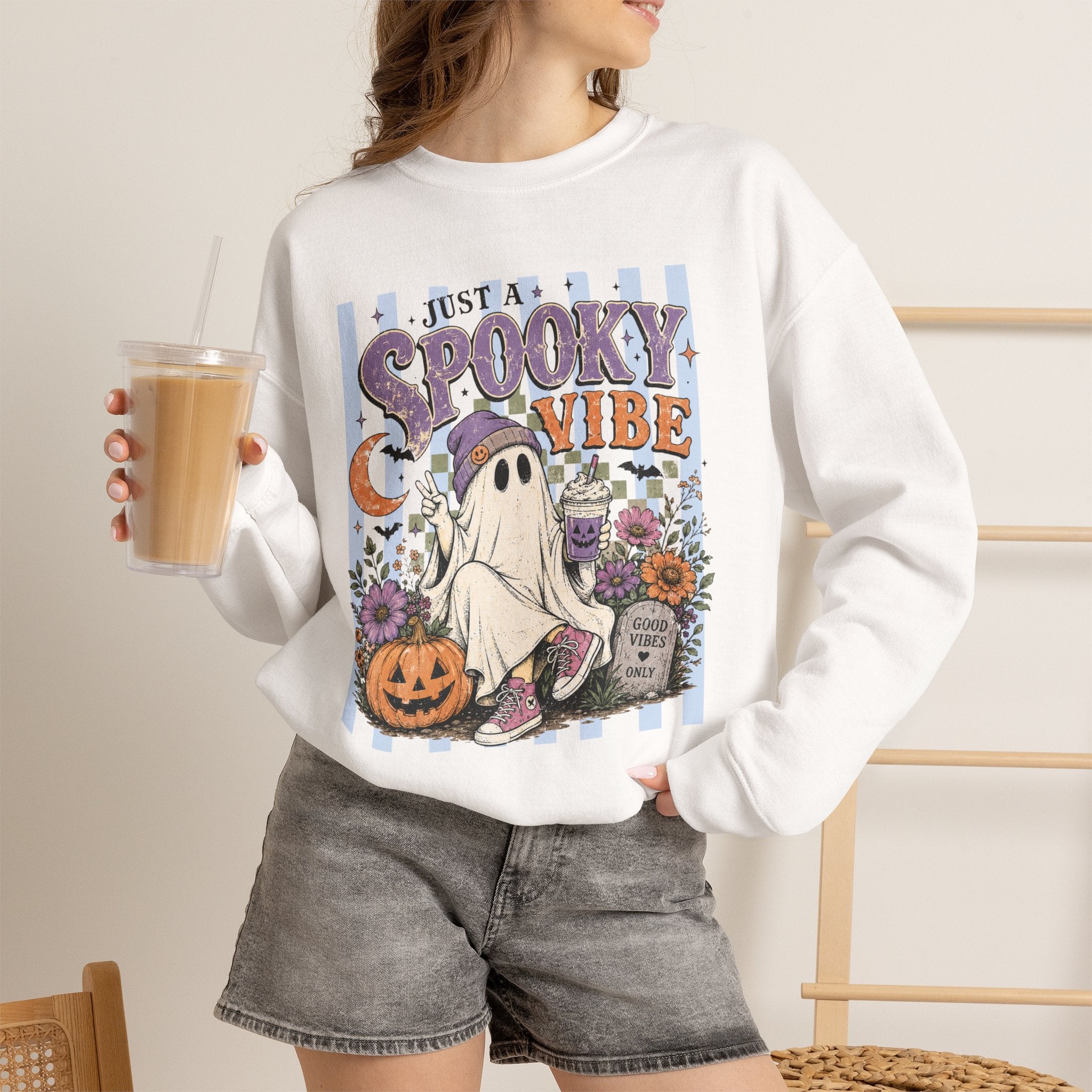 Spooky Vibe Crewneck Sweatshirt — Cute Halloween Ghost Pumpkin Graphic