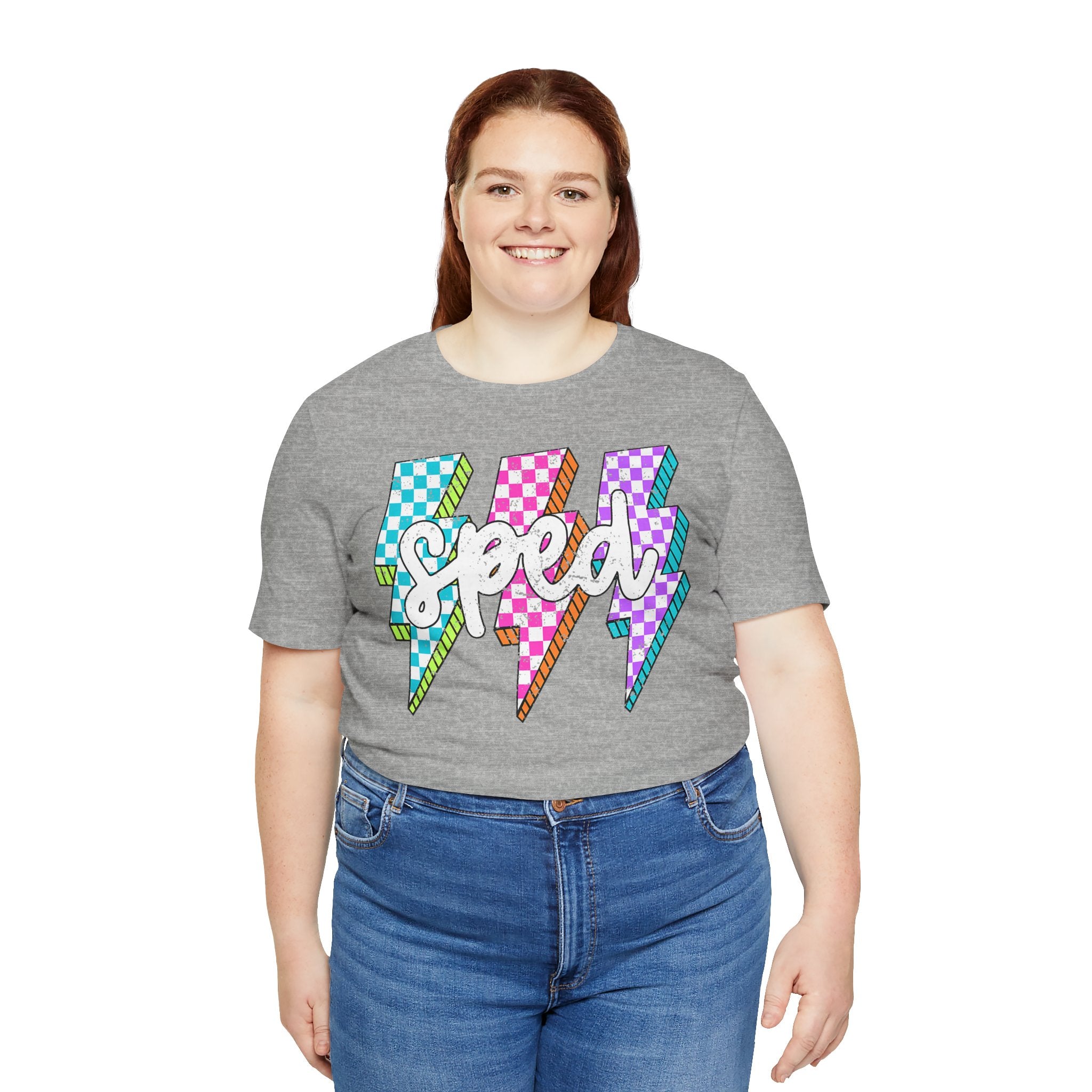 Speed Lightning Tee — Retro Checkerboard Bolt Graphic T-Shirt