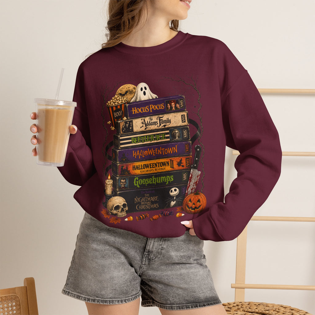 Halloween Book Stack Crewneck Sweatshirt — Spooky Classics Stack with Pumpkin & Skulls