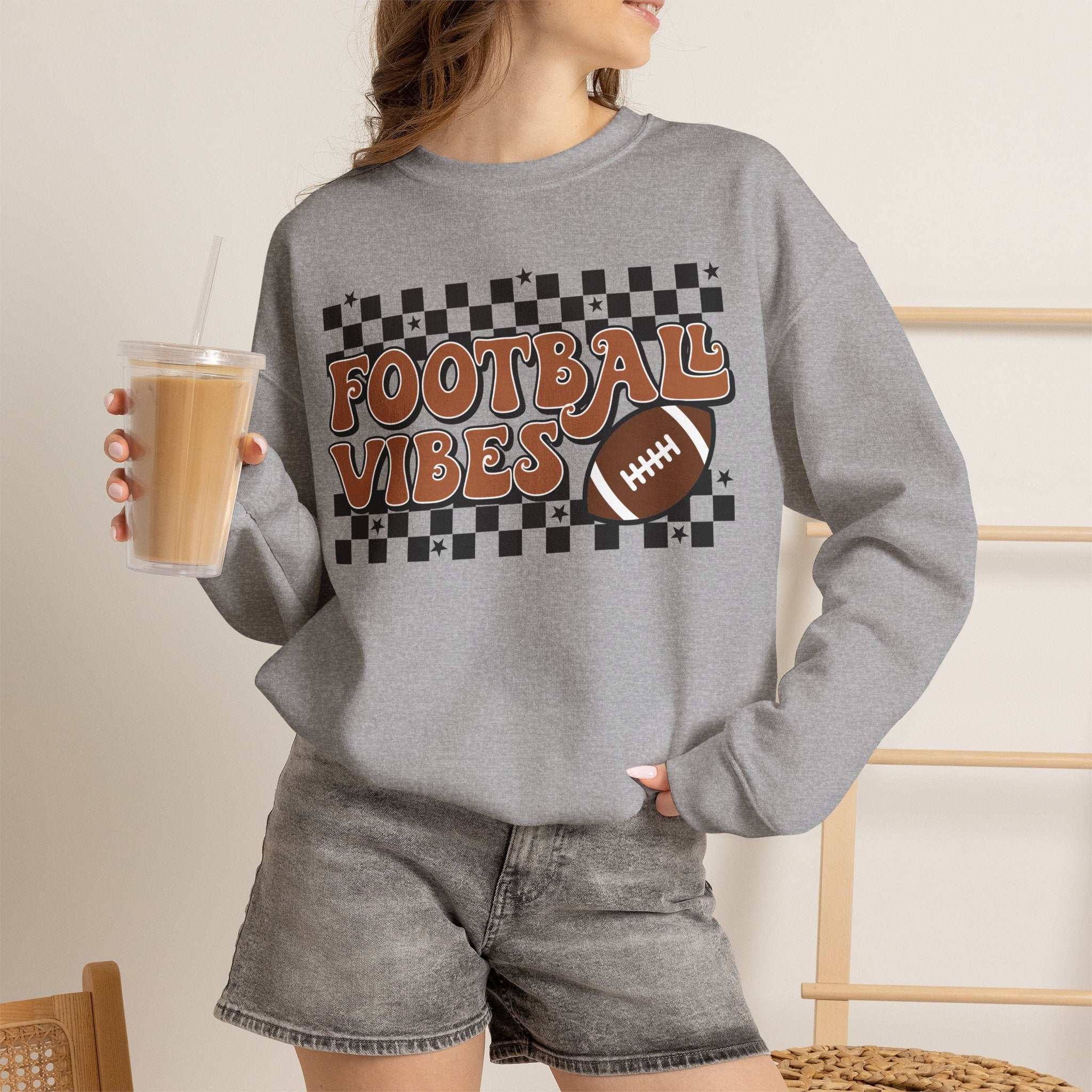 Football Vibes Crewneck Sweatshirt — Retro Checkerboard Football Graphic