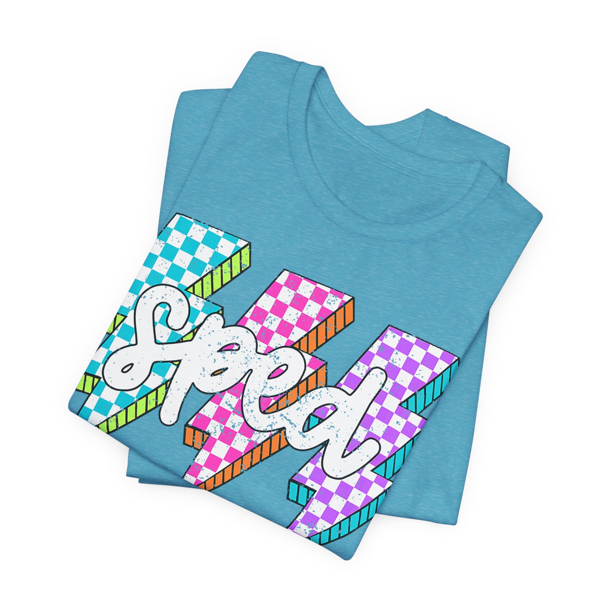 Speed Lightning Tee — Retro Checkerboard Bolt Graphic T-Shirt