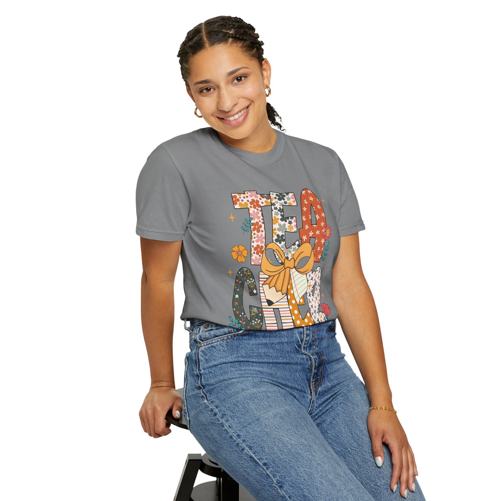 Teacher Graphic T-Shirt — Floral "Teacher" Design with Ribbon