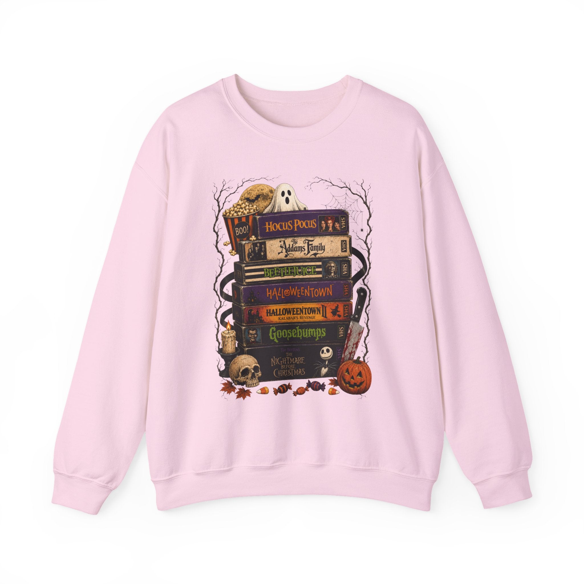 Halloween Book Stack Crewneck Sweatshirt — Spooky Classics Stack with Pumpkin & Skulls