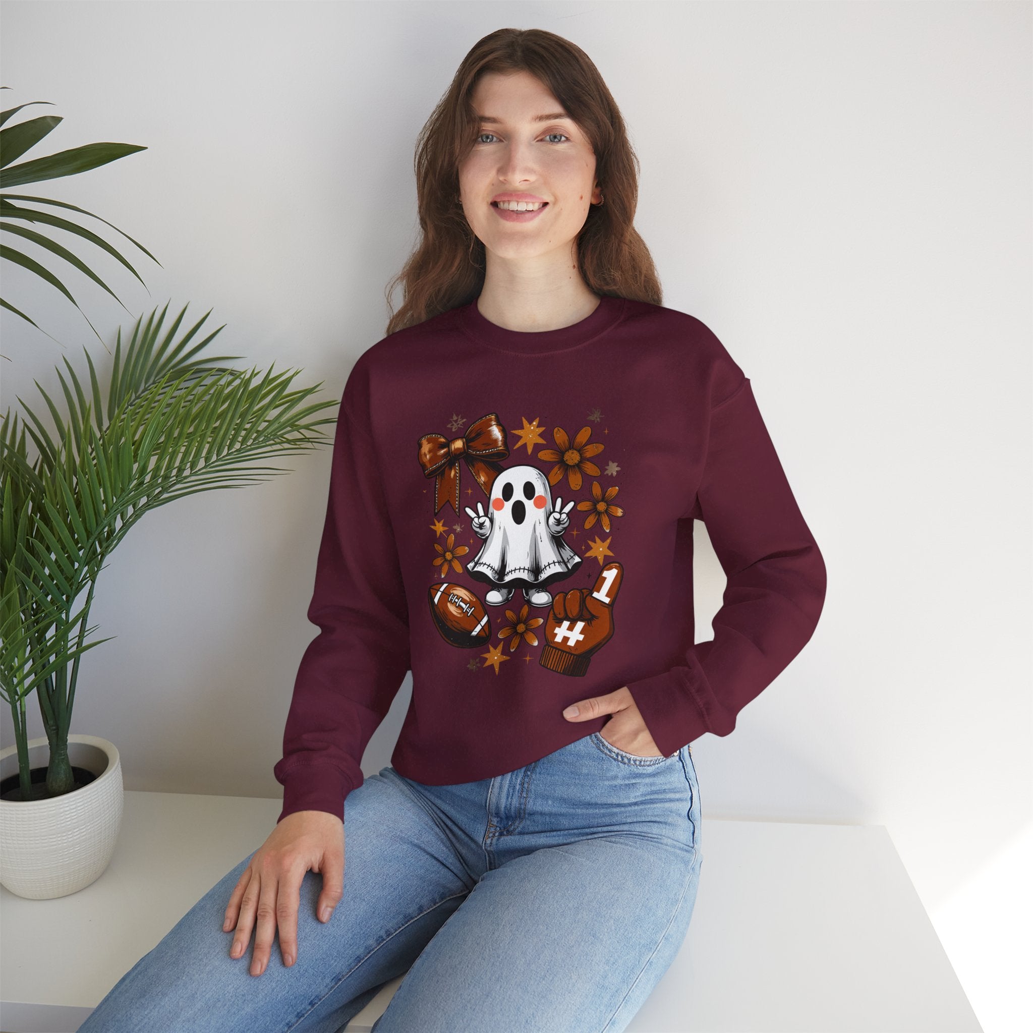 Football Ghost Crewneck Sweatshirt — Cute Halloween Game Day Shirt