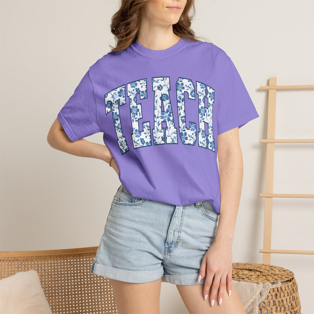 Teacher Floral Arch T-Shirt — 'TEACH' Blue Floral Print Tee