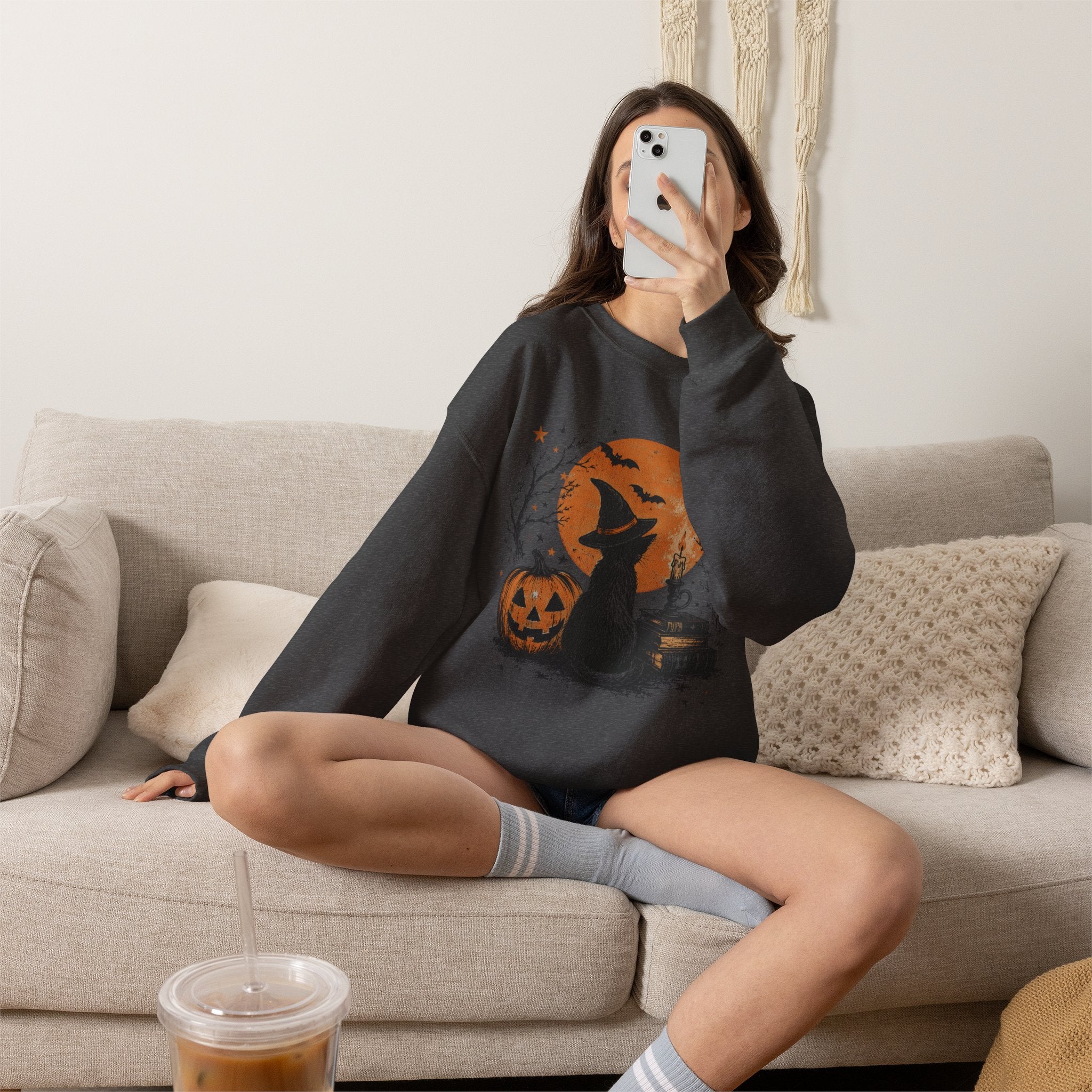 Crewneck Sweatshirt — Halloween Cat Witch Moon Graphic