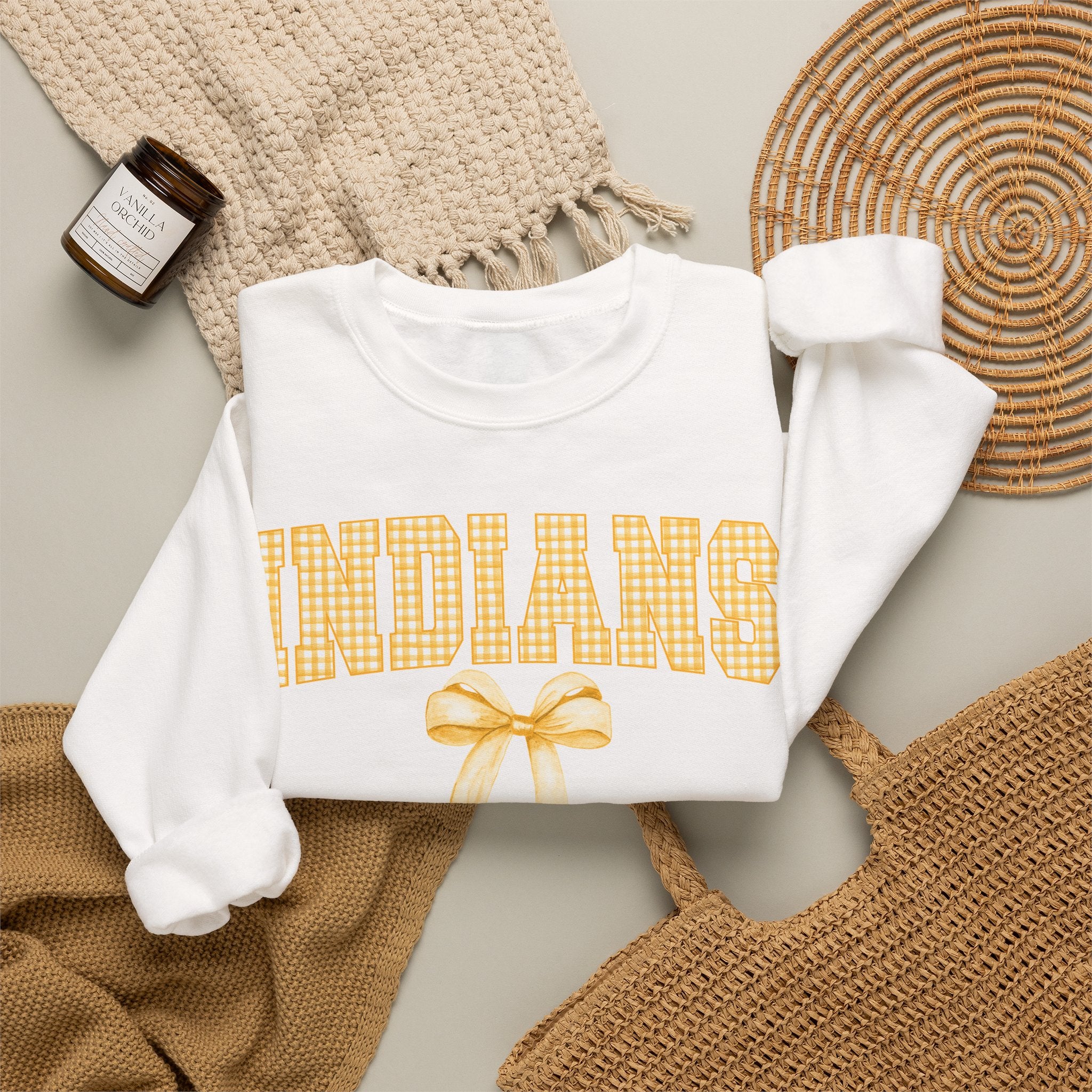 Indians Yellow Gingham Bow Crewneck Sweatshirt