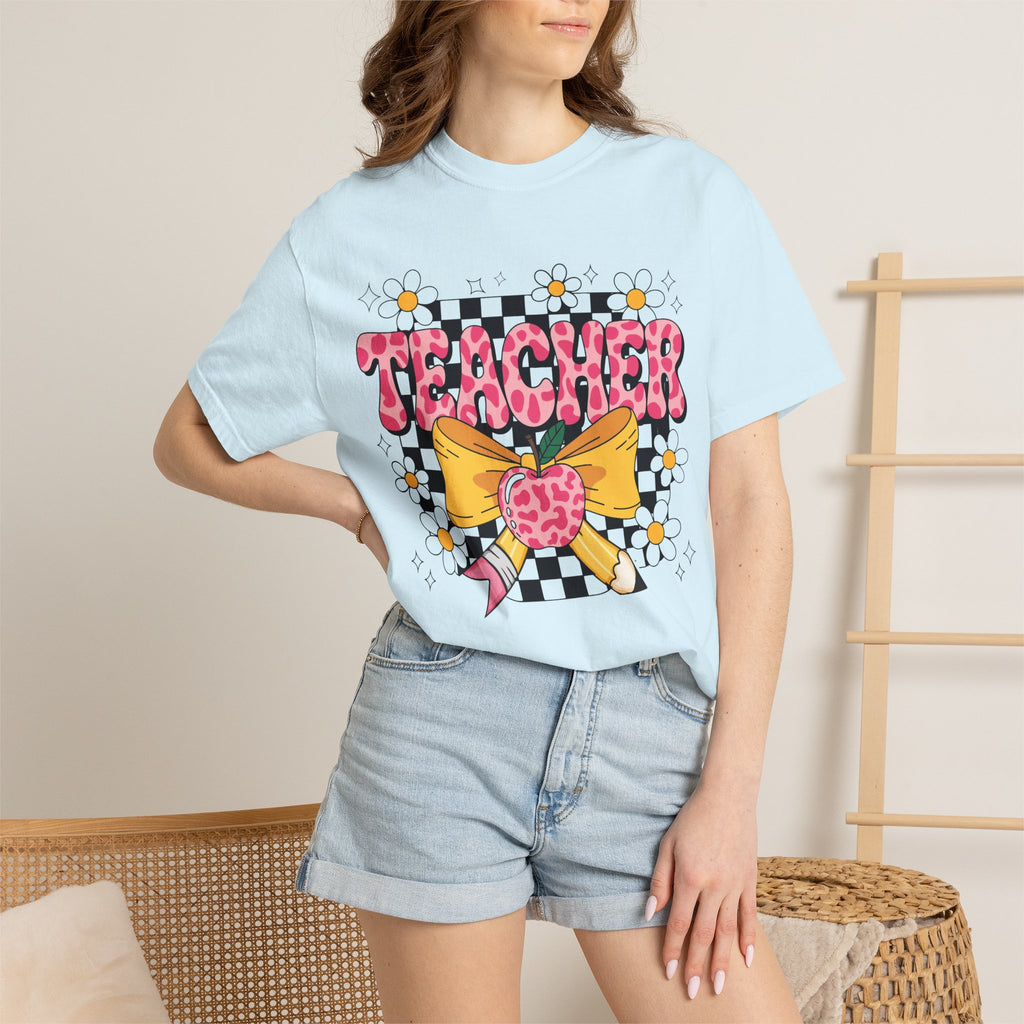 Teacher Floral Bow T‑Shirt — Cute Checkerboard & Heart Design for Educators