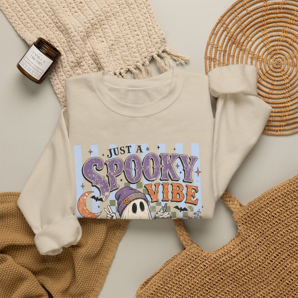 Spooky Vibe Crewneck Sweatshirt — Cute Halloween Ghost Pumpkin Graphic