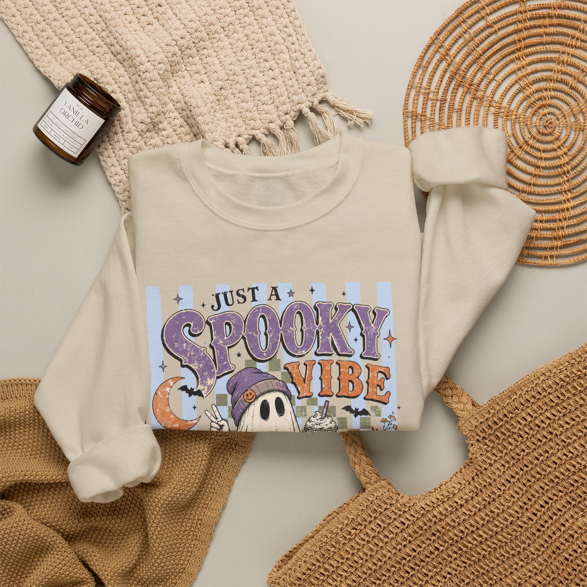 Spooky Vibe Crewneck Sweatshirt — Cute Halloween Ghost Pumpkin Graphic